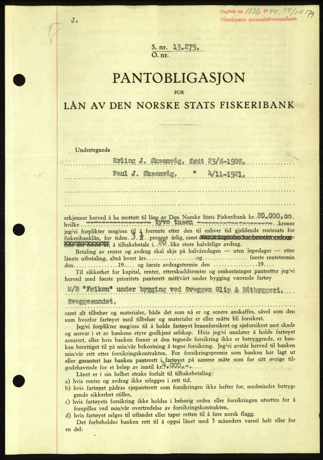 Nordmøre sorenskriveri, AV/SAT-A-4132/1/2/2Ca: Mortgage book no. B92, 1944-1945, Diary no: : 1836/1944