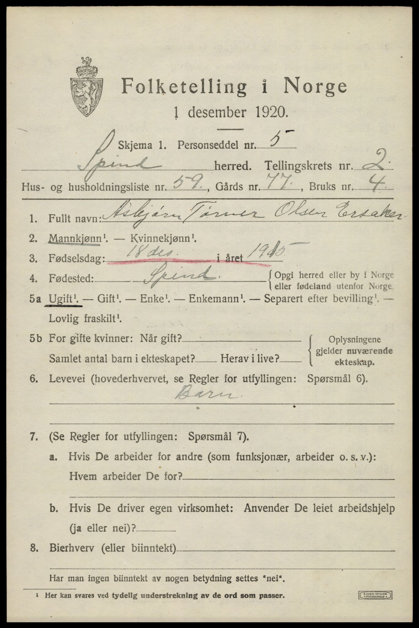 SAK, 1920 census for Spind, 1920, p. 1621
