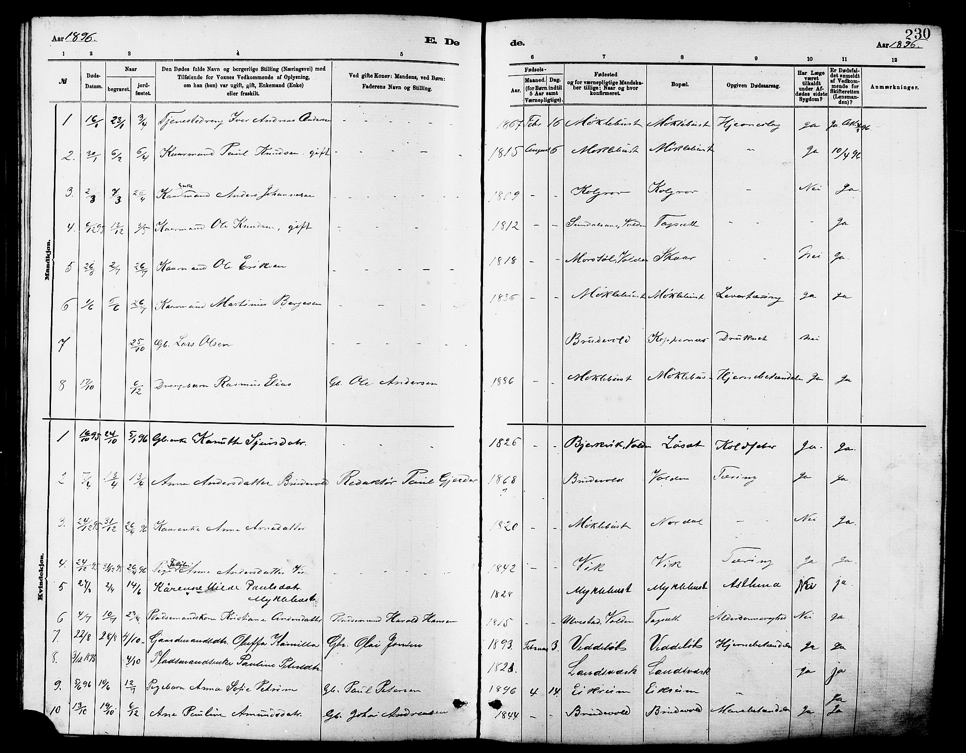 Ministerialprotokoller, klokkerbøker og fødselsregistre - Møre og Romsdal, AV/SAT-A-1454/502/L0027: Parish register (copy) no. 502C01, 1878-1908, p. 230