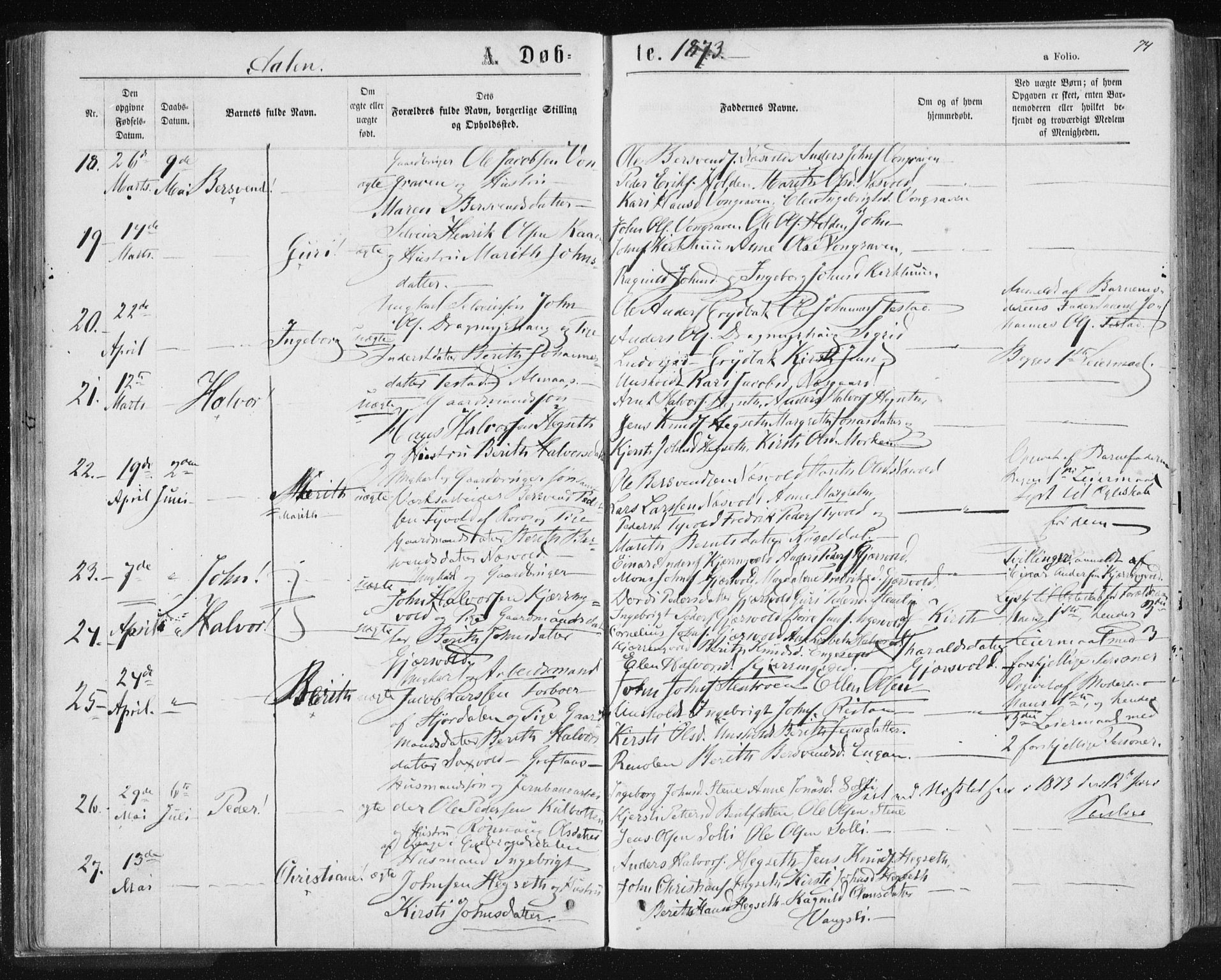 Ministerialprotokoller, klokkerbøker og fødselsregistre - Sør-Trøndelag, SAT/A-1456/685/L0971: Parish register (official) no. 685A08 /3, 1870-1879, p. 74
