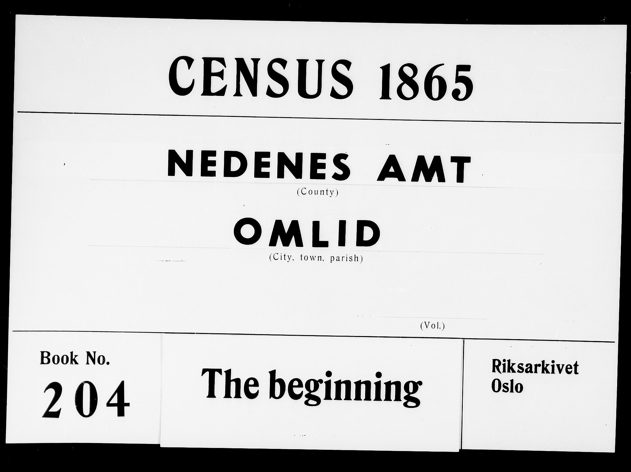 RA, 1865 census for Åmli, 1865, p. 1
