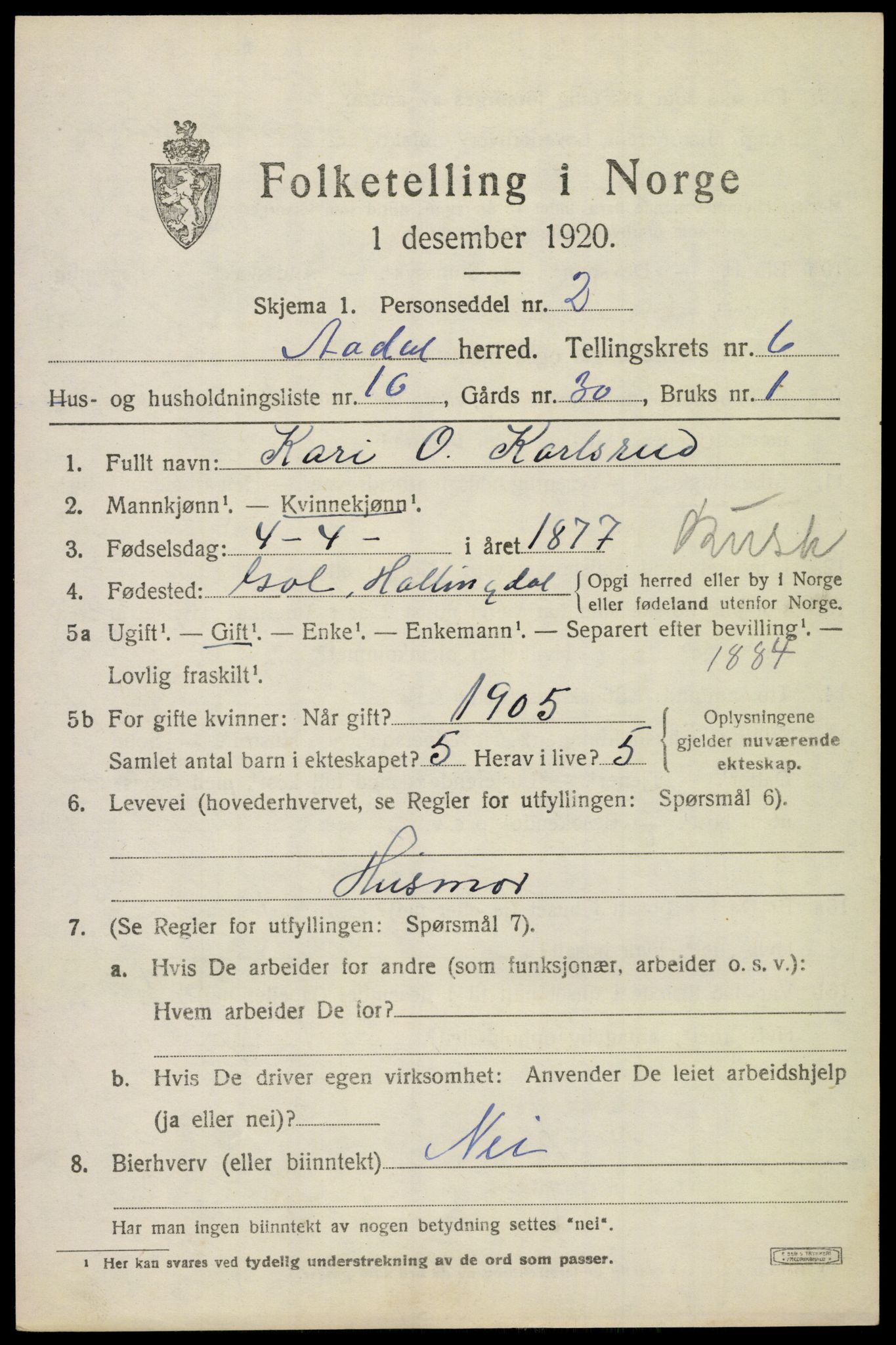 SAKO, 1920 census for Ådal, 1920, p. 4728