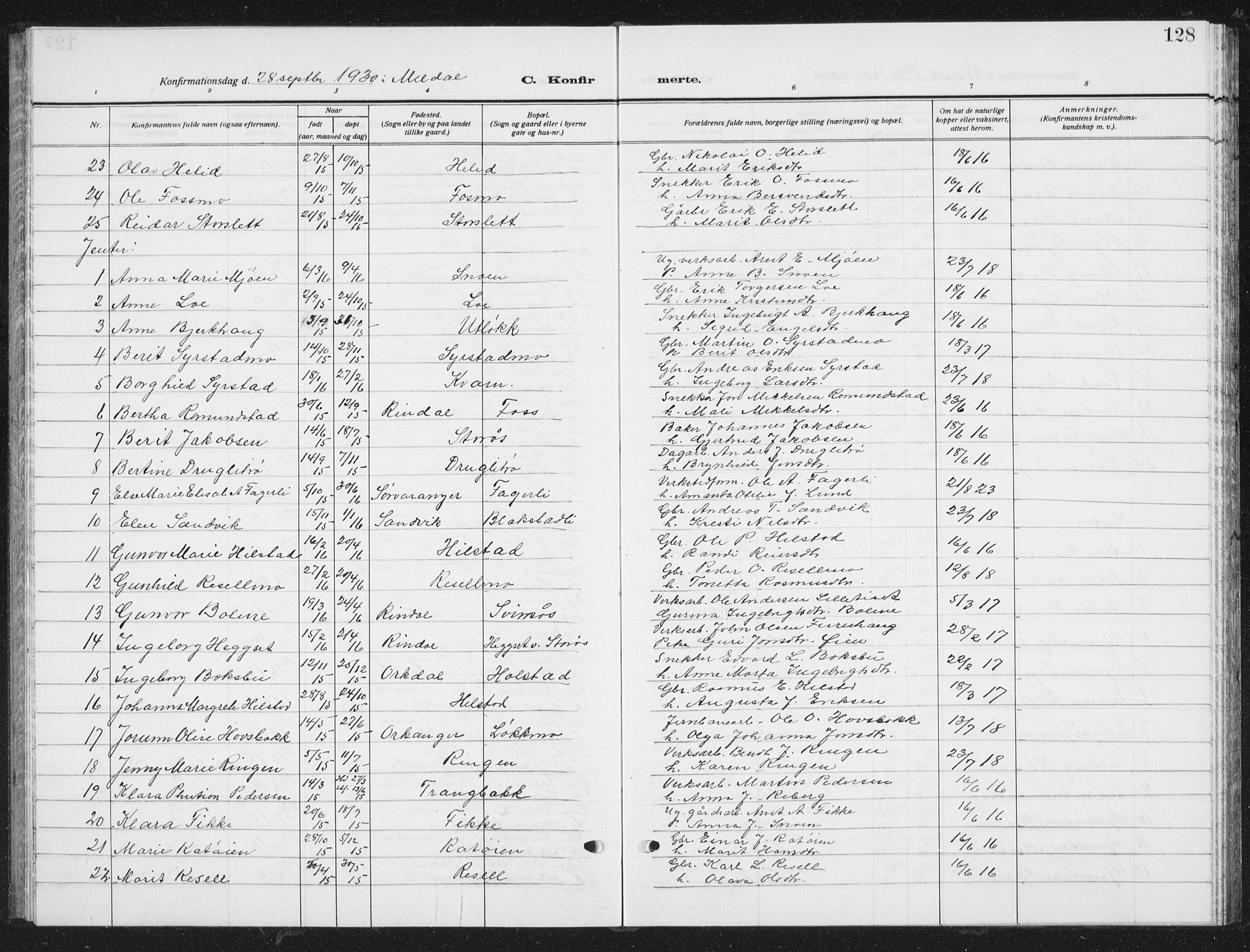 Ministerialprotokoller, klokkerbøker og fødselsregistre - Sør-Trøndelag, SAT/A-1456/672/L0866: Parish register (copy) no. 672C05, 1929-1939, p. 128
