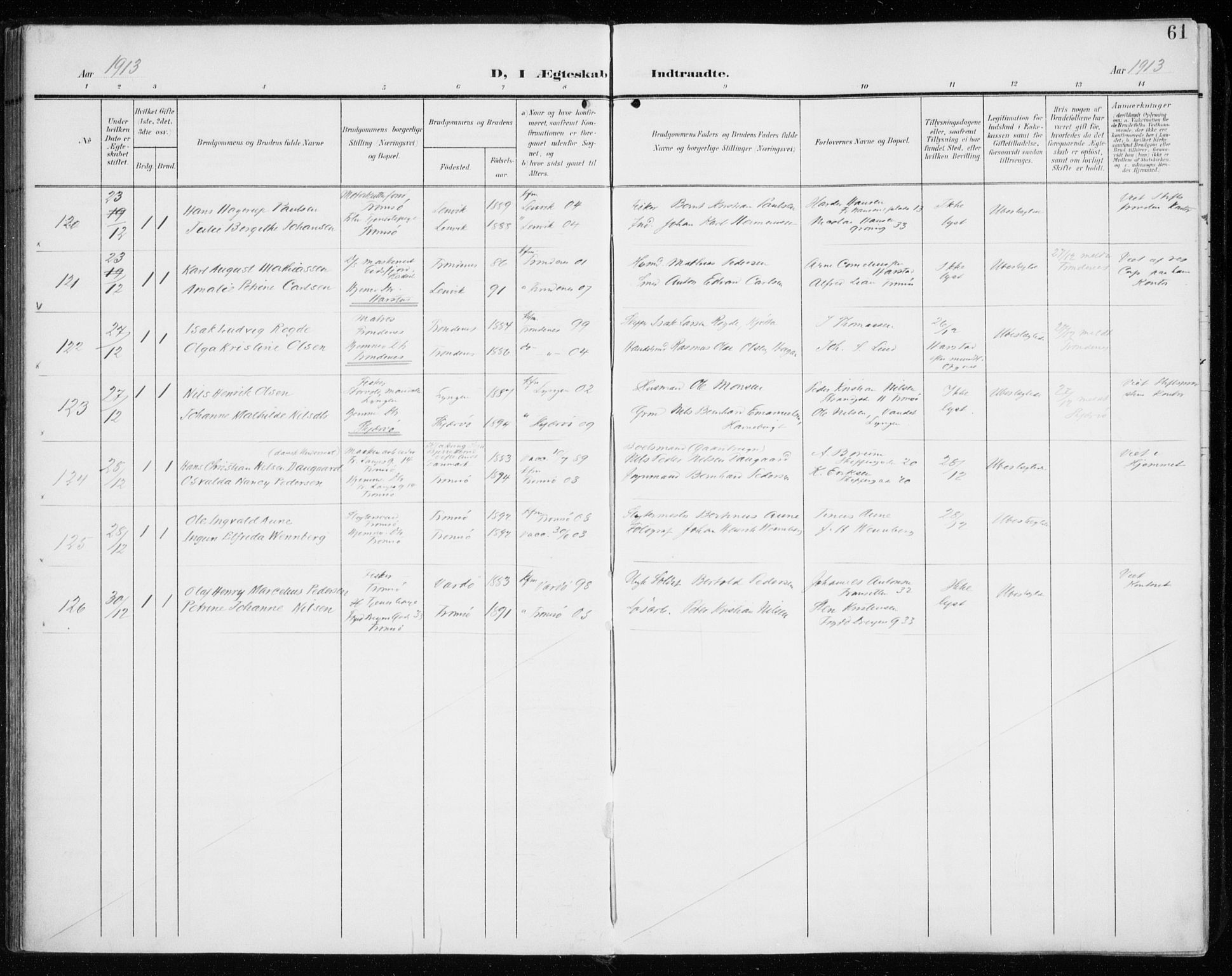Tromsø sokneprestkontor/stiftsprosti/domprosti, AV/SATØ-S-1343/G/Ga/L0018kirke: Parish register (official) no. 18, 1907-1917, p. 61