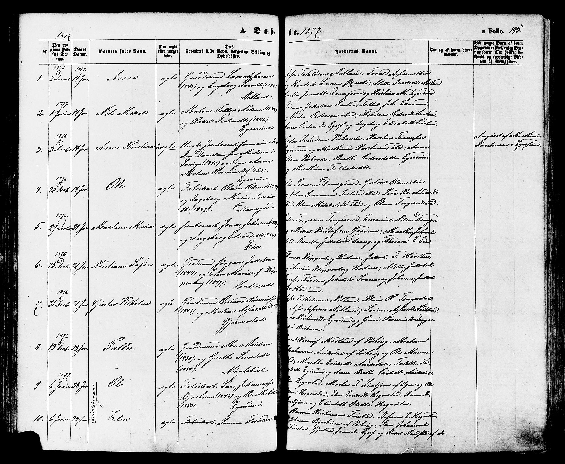 Eigersund sokneprestkontor, AV/SAST-A-101807/S08/L0014: Parish register (official) no. A 13, 1866-1878, p. 195