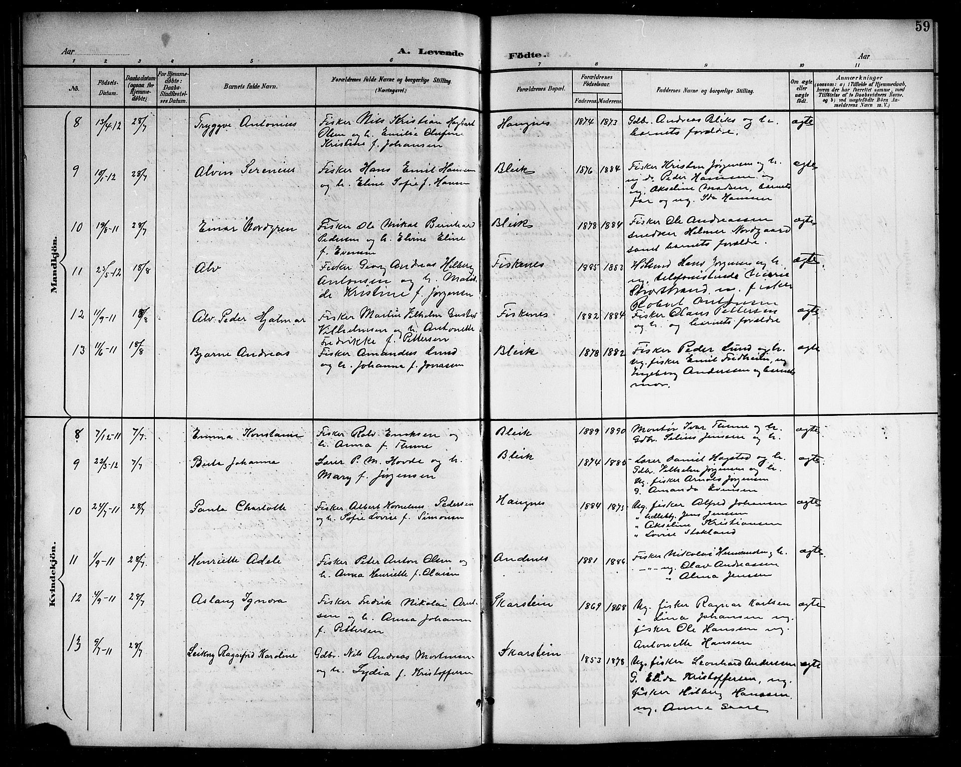 Ministerialprotokoller, klokkerbøker og fødselsregistre - Nordland, AV/SAT-A-1459/899/L1449: Parish register (copy) no. 899C04, 1900-1918, p. 59