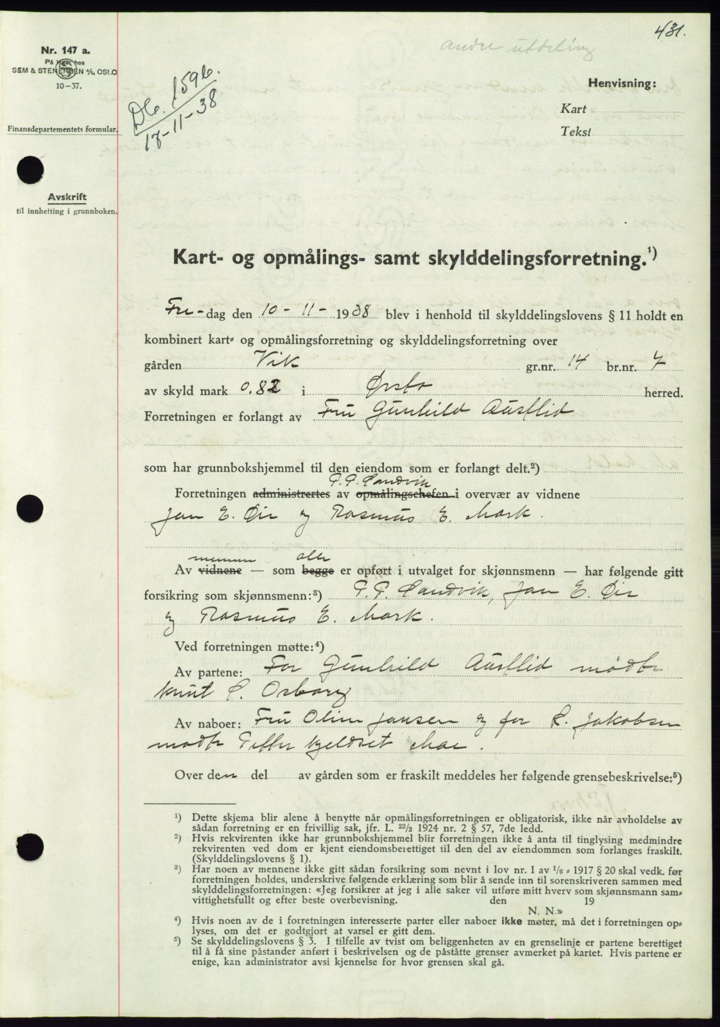 Søre Sunnmøre sorenskriveri, AV/SAT-A-4122/1/2/2C/L0066: Mortgage book no. 60, 1938-1938, Diary no: : 1596/1938