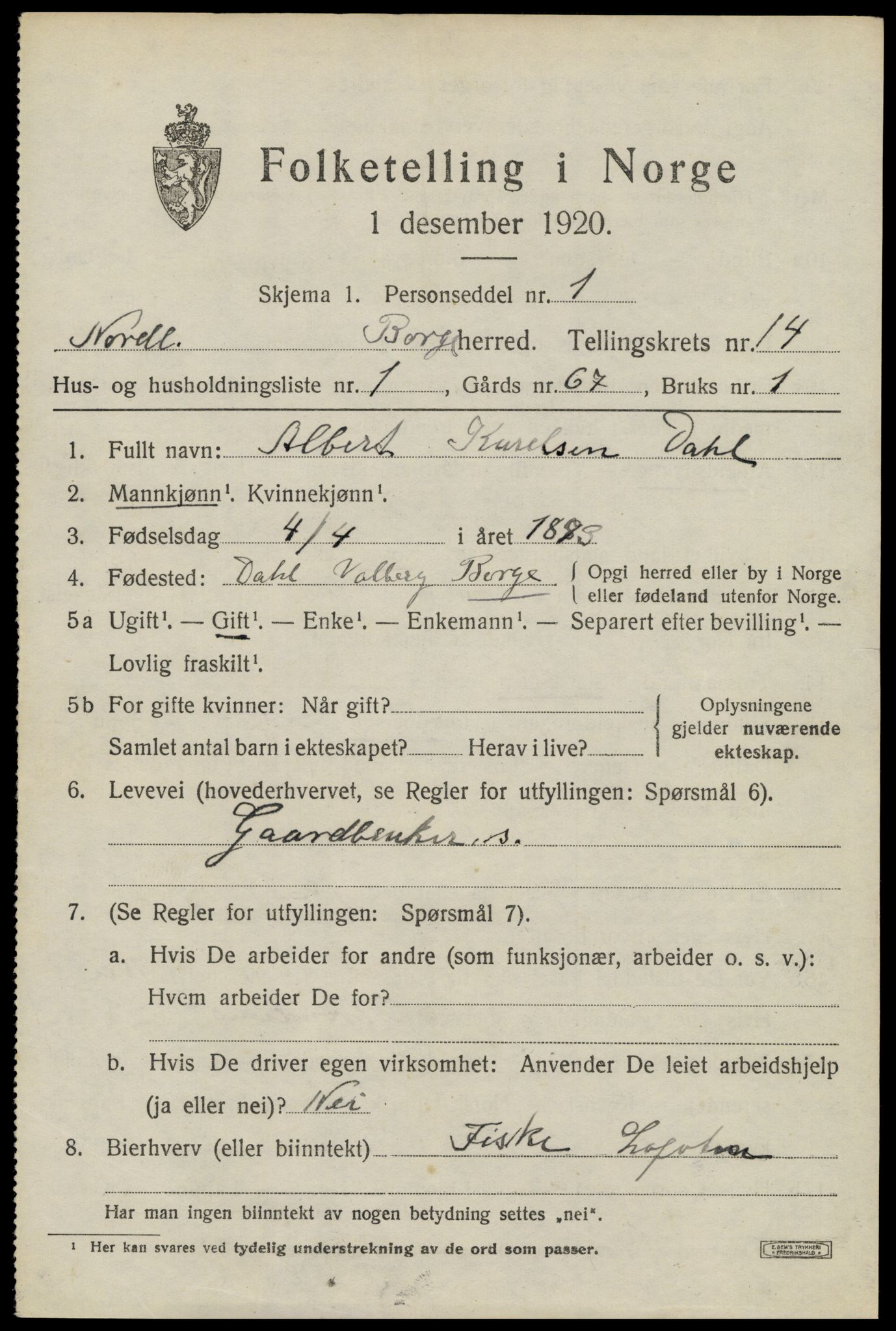 SAT, 1920 census for Borge, 1920, p. 10607