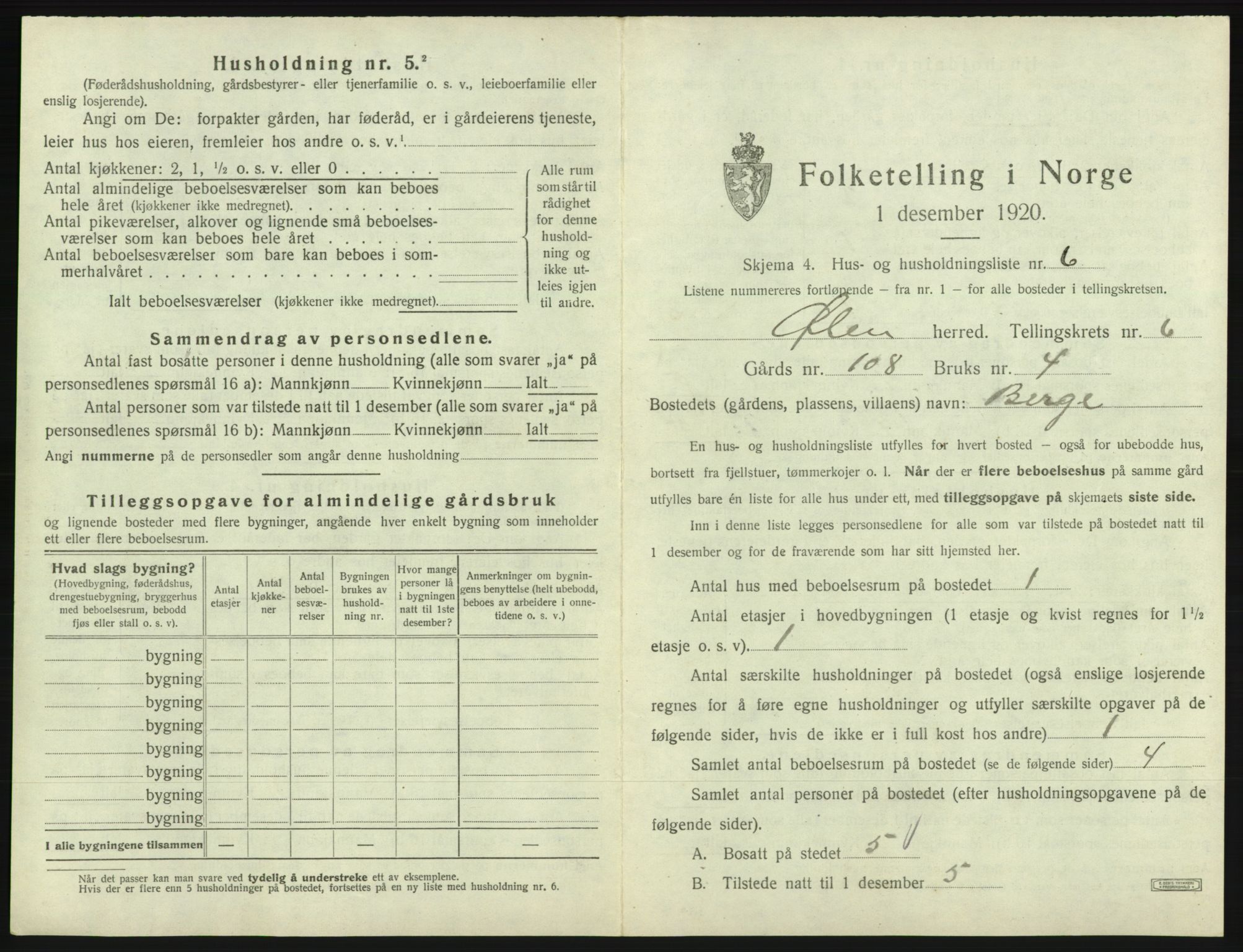 SAB, 1920 census for Ølen, 1920, p. 458