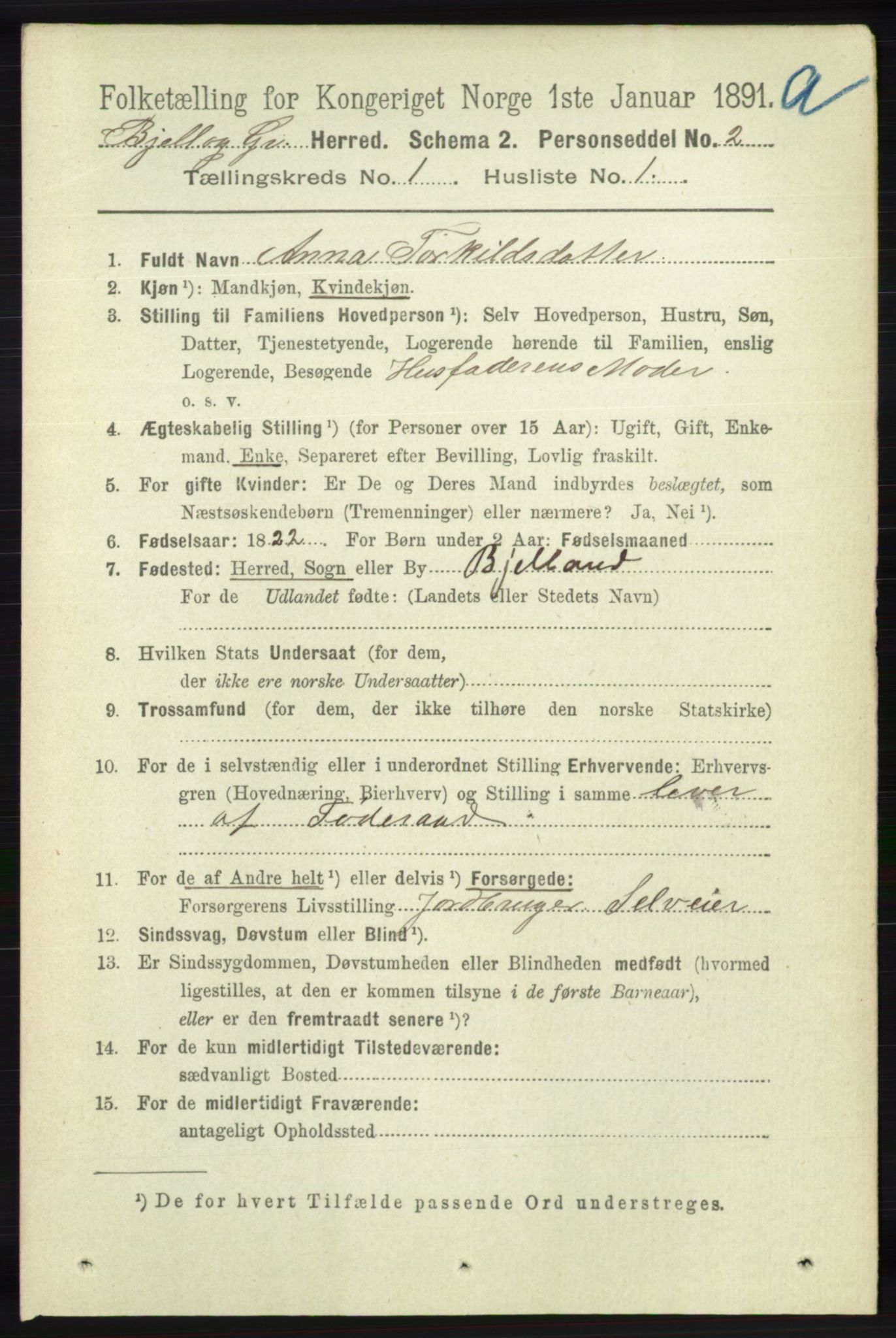 RA, 1891 census for 1024 Bjelland og Grindheim, 1891, p. 62