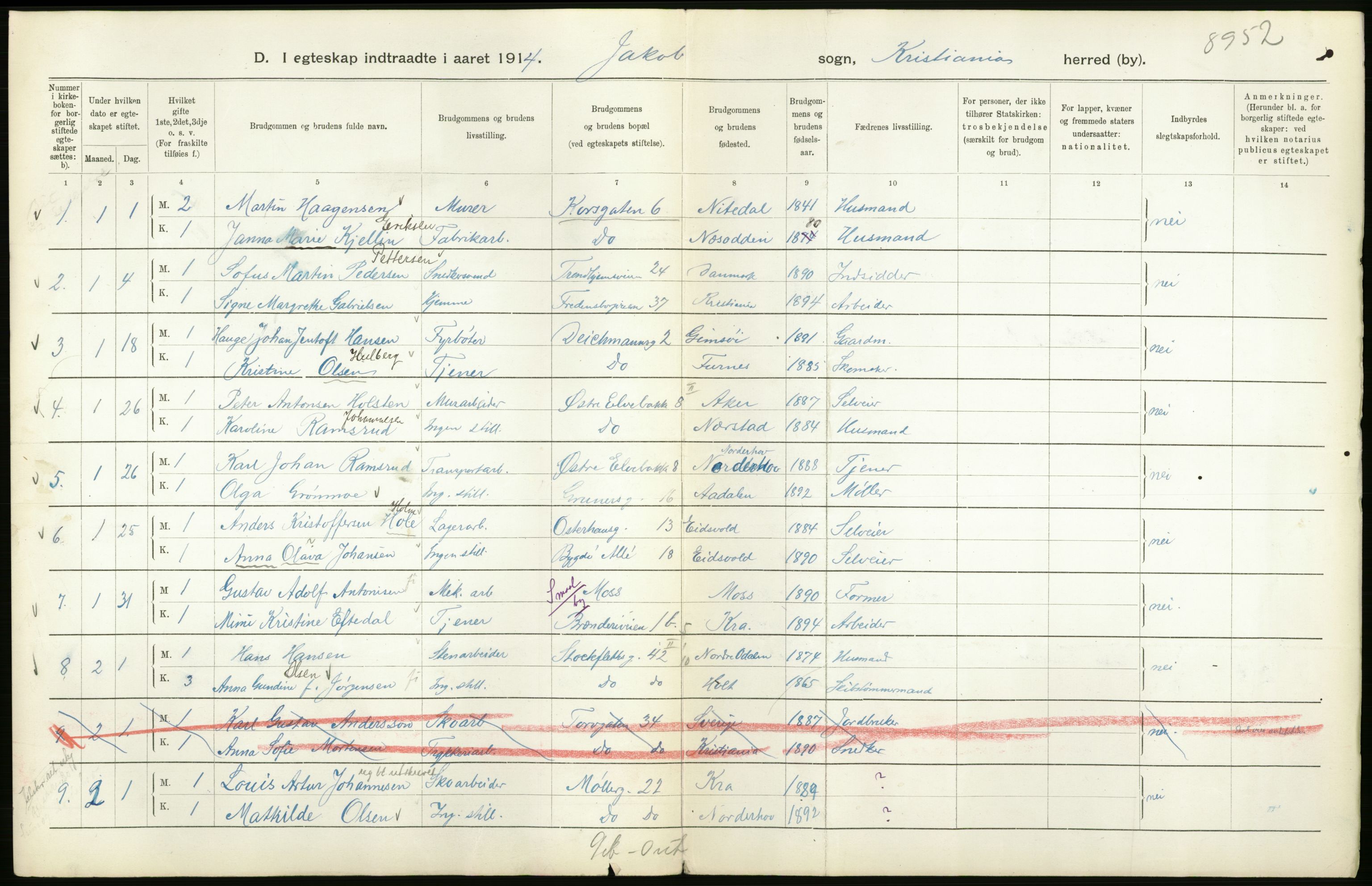 Statistisk sentralbyrå, Sosiodemografiske emner, Befolkning, AV/RA-S-2228/D/Df/Dfb/Dfbd/L0007: Kristiania: Gifte, 1914, p. 34