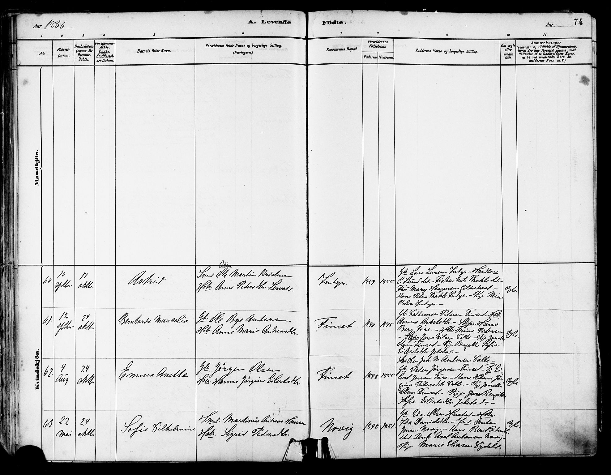 Ministerialprotokoller, klokkerbøker og fødselsregistre - Nordland, AV/SAT-A-1459/805/L0099: Parish register (official) no. 805A06, 1880-1891, p. 74