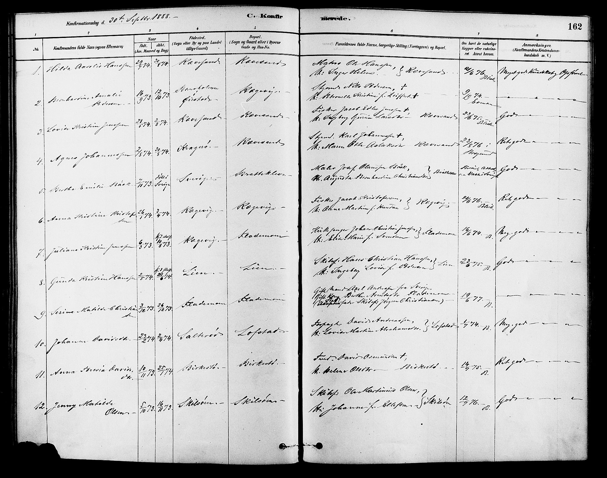 Tromøy sokneprestkontor, AV/SAK-1111-0041/F/Fa/L0009: Parish register (official) no. A 9, 1878-1896, p. 162