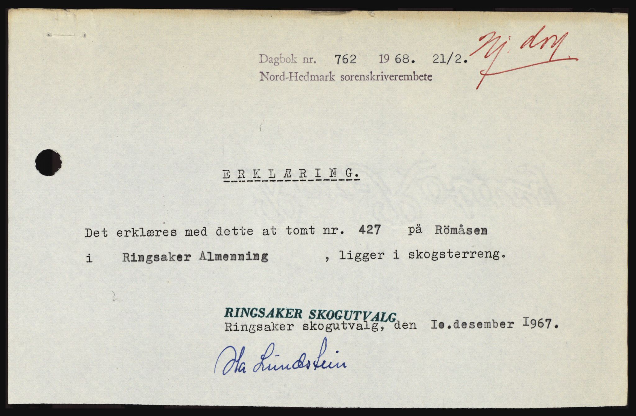 Nord-Hedmark sorenskriveri, SAH/TING-012/H/Hc/L0027: Mortgage book no. 27, 1967-1968, Diary no: : 762/1968
