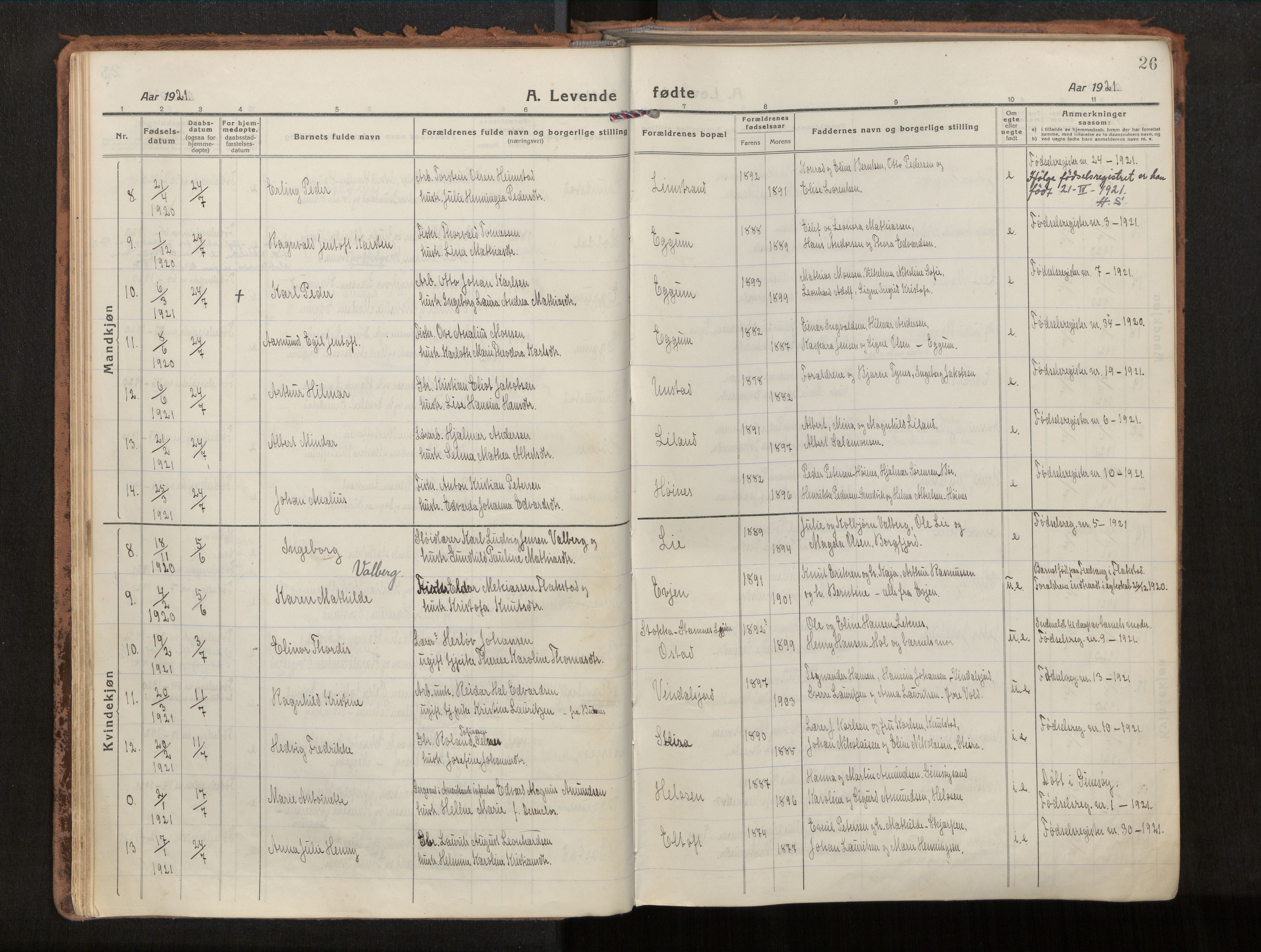 Ministerialprotokoller, klokkerbøker og fødselsregistre - Nordland, SAT/A-1459/880/L1136: Parish register (official) no. 880A10, 1919-1927, p. 26