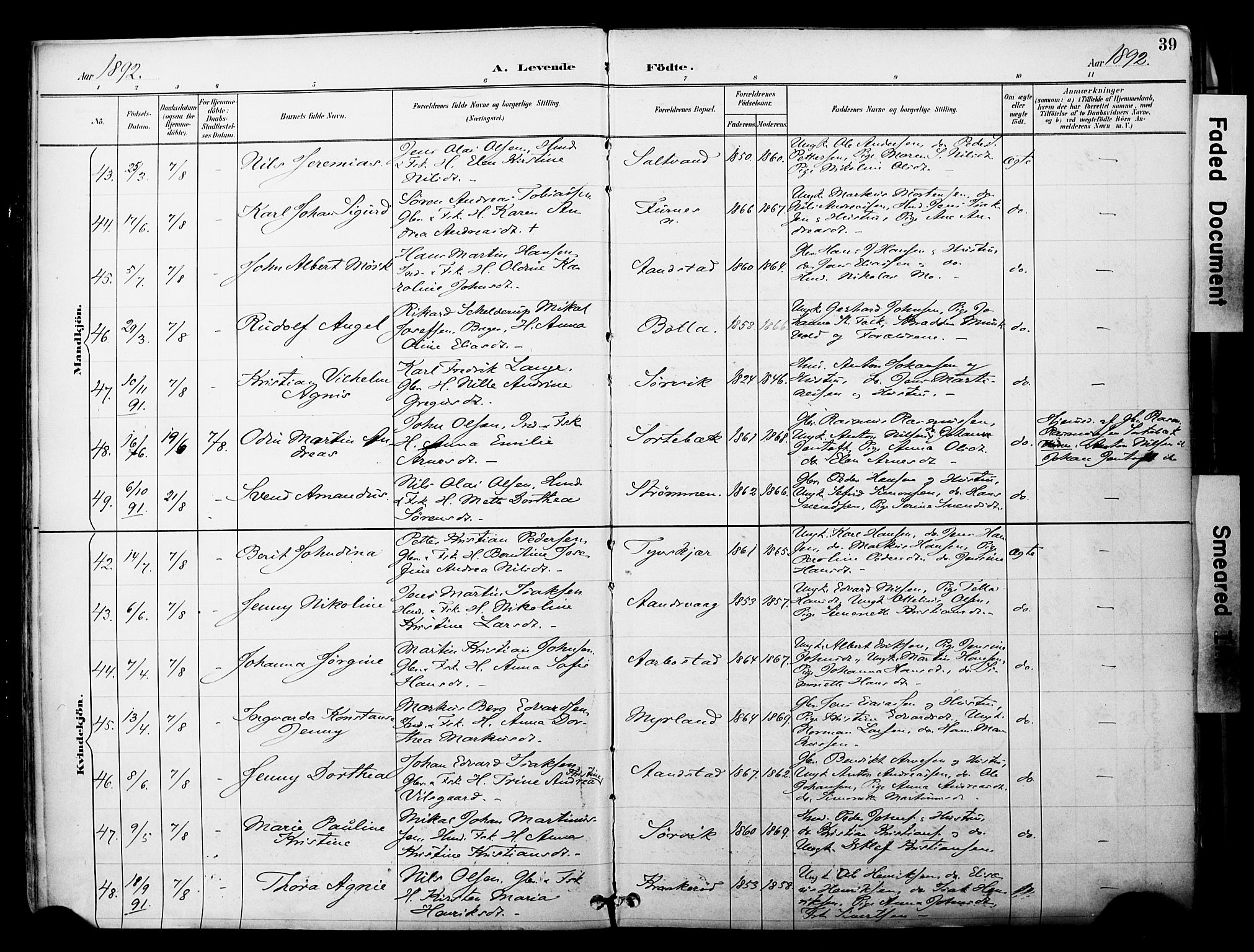 Ibestad sokneprestembete, SATØ/S-0077/H/Ha/Haa/L0012kirke: Parish register (official) no. 12, 1890-1900, p. 39