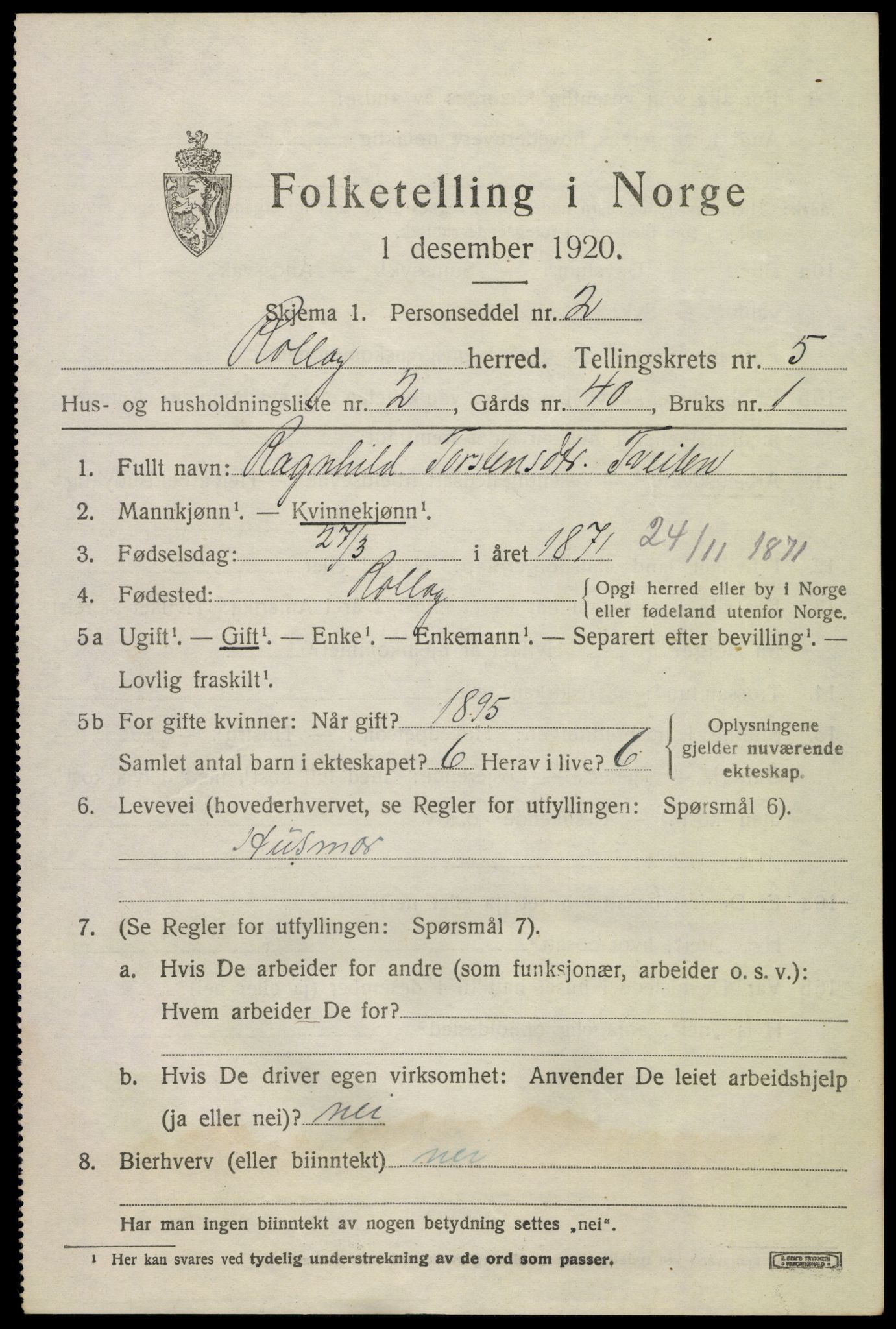SAKO, 1920 census for Rollag, 1920, p. 2066