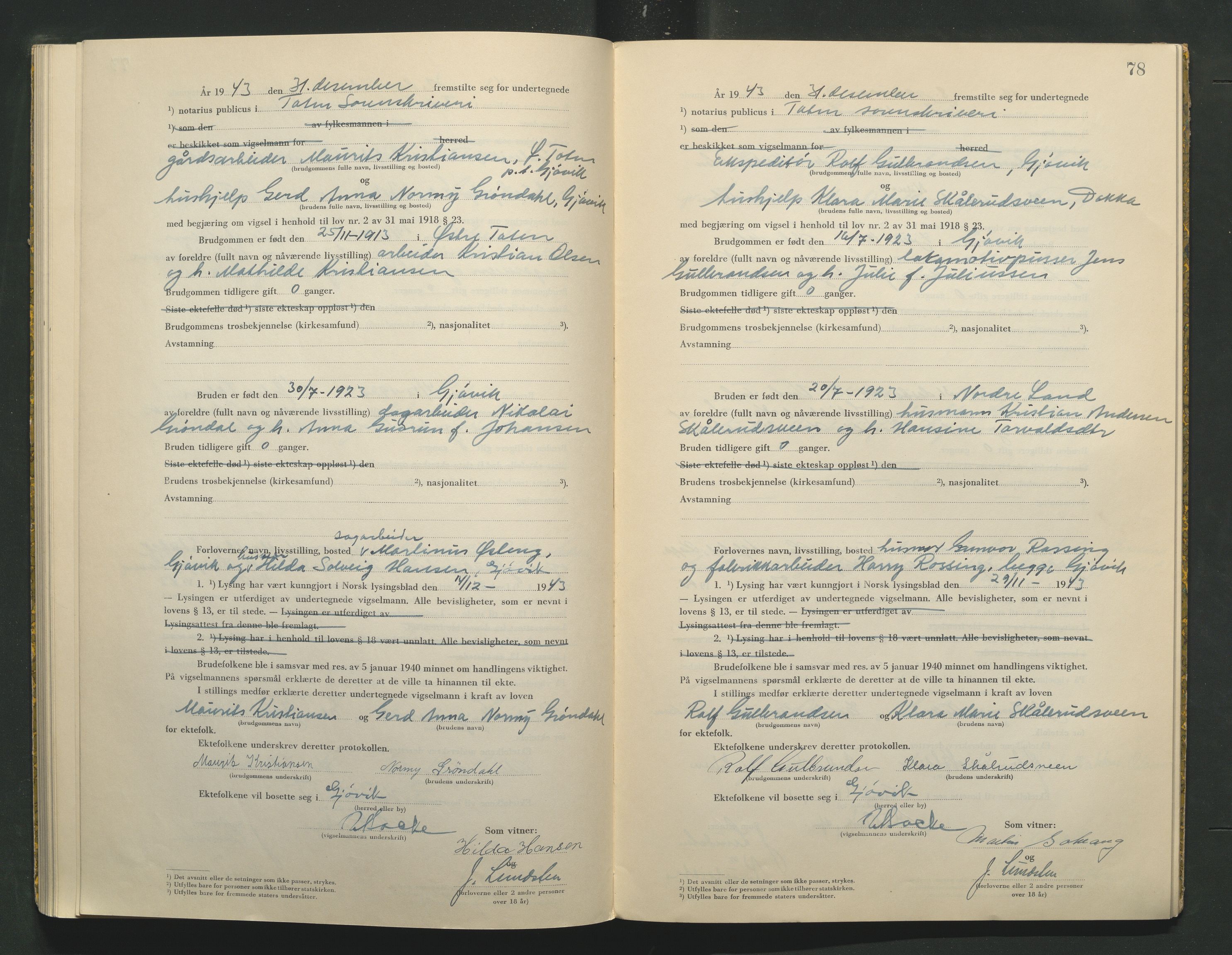 Toten tingrett, AV/SAH-TING-006/L/Lc/L0003: Vigselbok, 1943-1944, p. 78