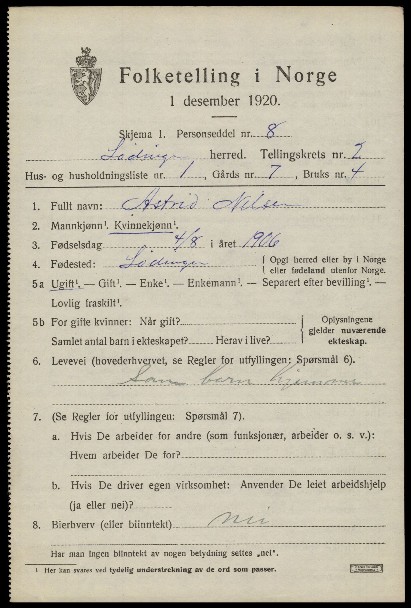 SAT, 1920 census for Lødingen, 1920, p. 1603