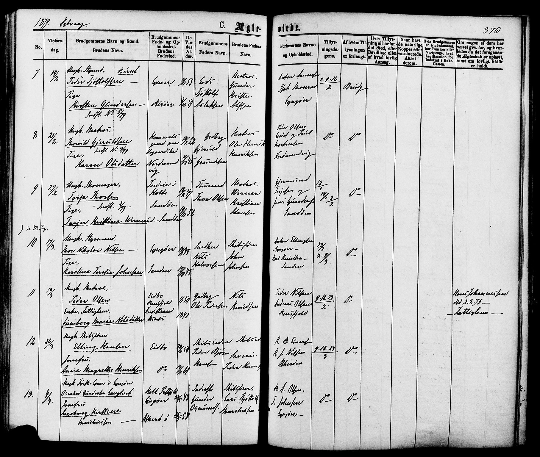 Dypvåg sokneprestkontor, SAK/1111-0007/F/Fa/Faa/L0007: Parish register (official) no. A 7/ 1, 1872-1884, p. 376