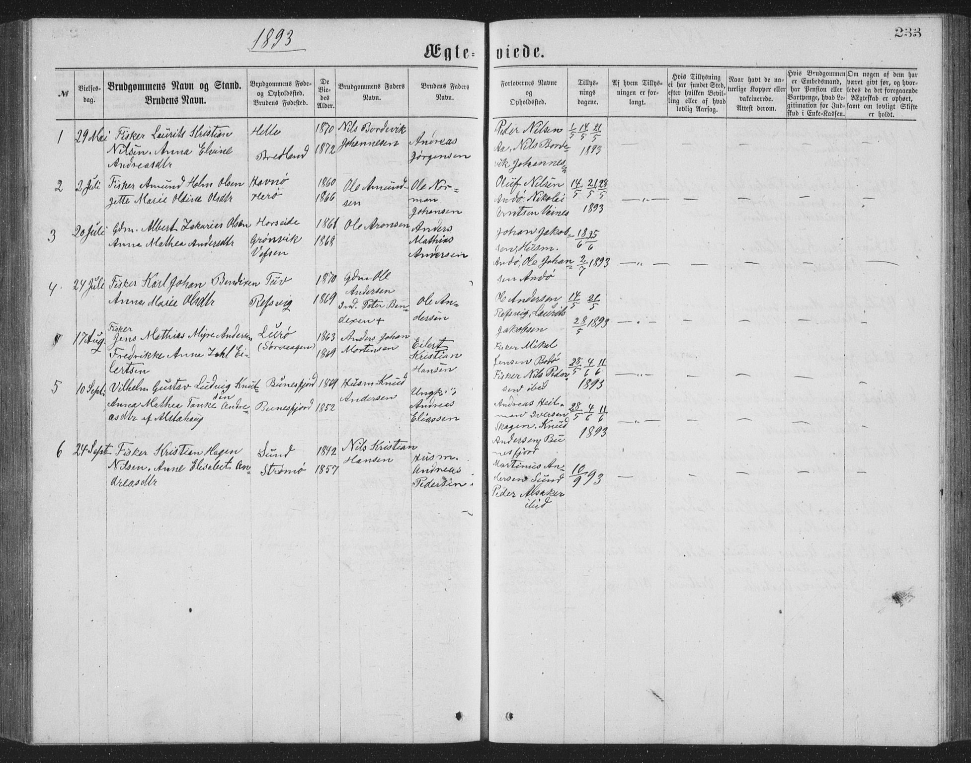 Ministerialprotokoller, klokkerbøker og fødselsregistre - Nordland, AV/SAT-A-1459/886/L1225: Parish register (copy) no. 886C02, 1874-1896, p. 233