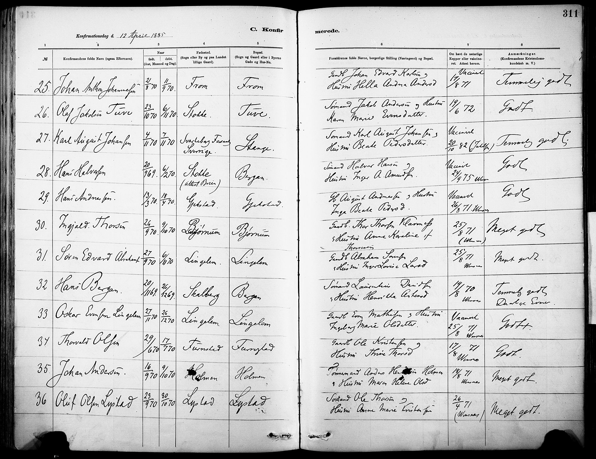 Sandar kirkebøker, AV/SAKO-A-243/F/Fa/L0012: Parish register (official) no. 12, 1883-1895, p. 311