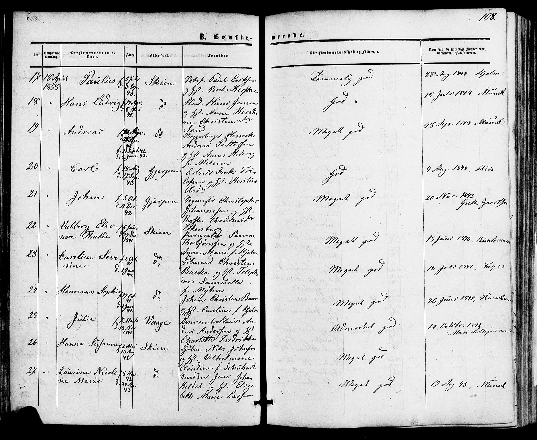 Skien kirkebøker, AV/SAKO-A-302/F/Fa/L0007: Parish register (official) no. 7, 1856-1865, p. 108