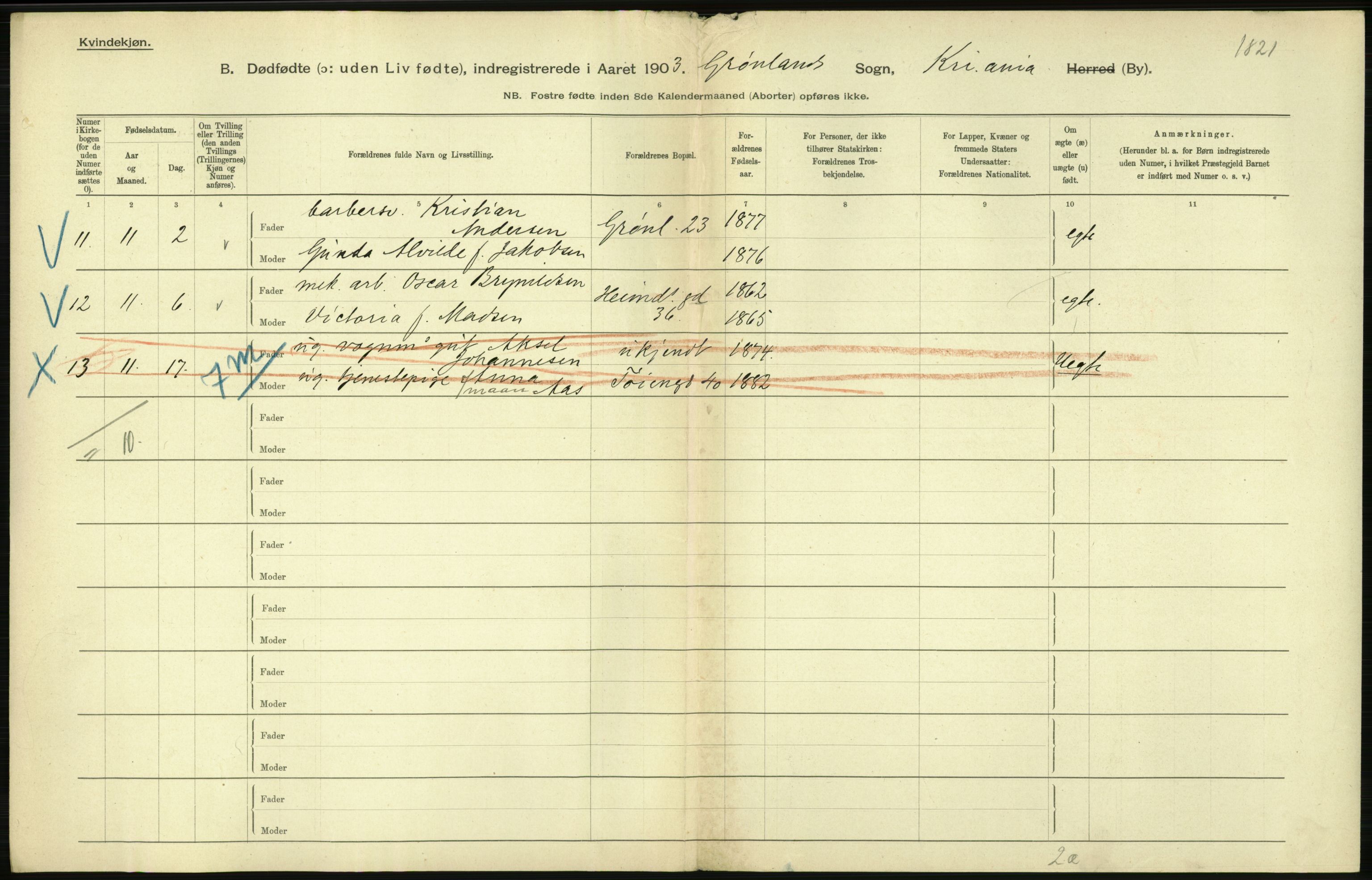 Statistisk sentralbyrå, Sosiodemografiske emner, Befolkning, AV/RA-S-2228/D/Df/Dfa/Dfaa/L0026: Smålenenes - Finnmarkens amt: Dødfødte. Byer., 1903, p. 48