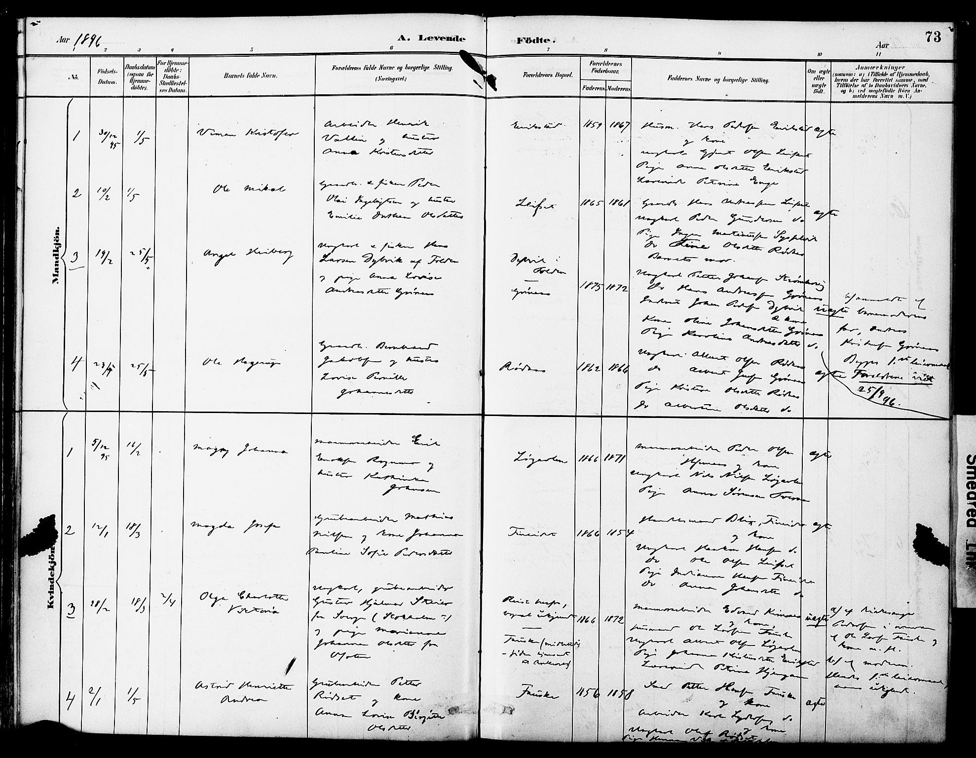 Ministerialprotokoller, klokkerbøker og fødselsregistre - Nordland, SAT/A-1459/849/L0690: Parish register (official) no. 849A02, 1890-1897, p. 73