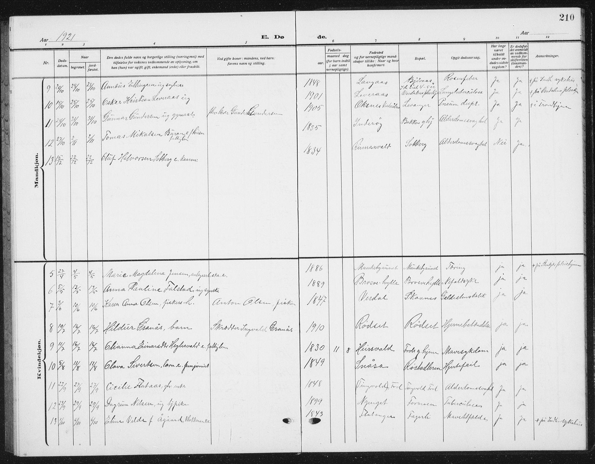 Ministerialprotokoller, klokkerbøker og fødselsregistre - Nord-Trøndelag, SAT/A-1458/721/L0209: Parish register (copy) no. 721C02, 1918-1940, p. 210