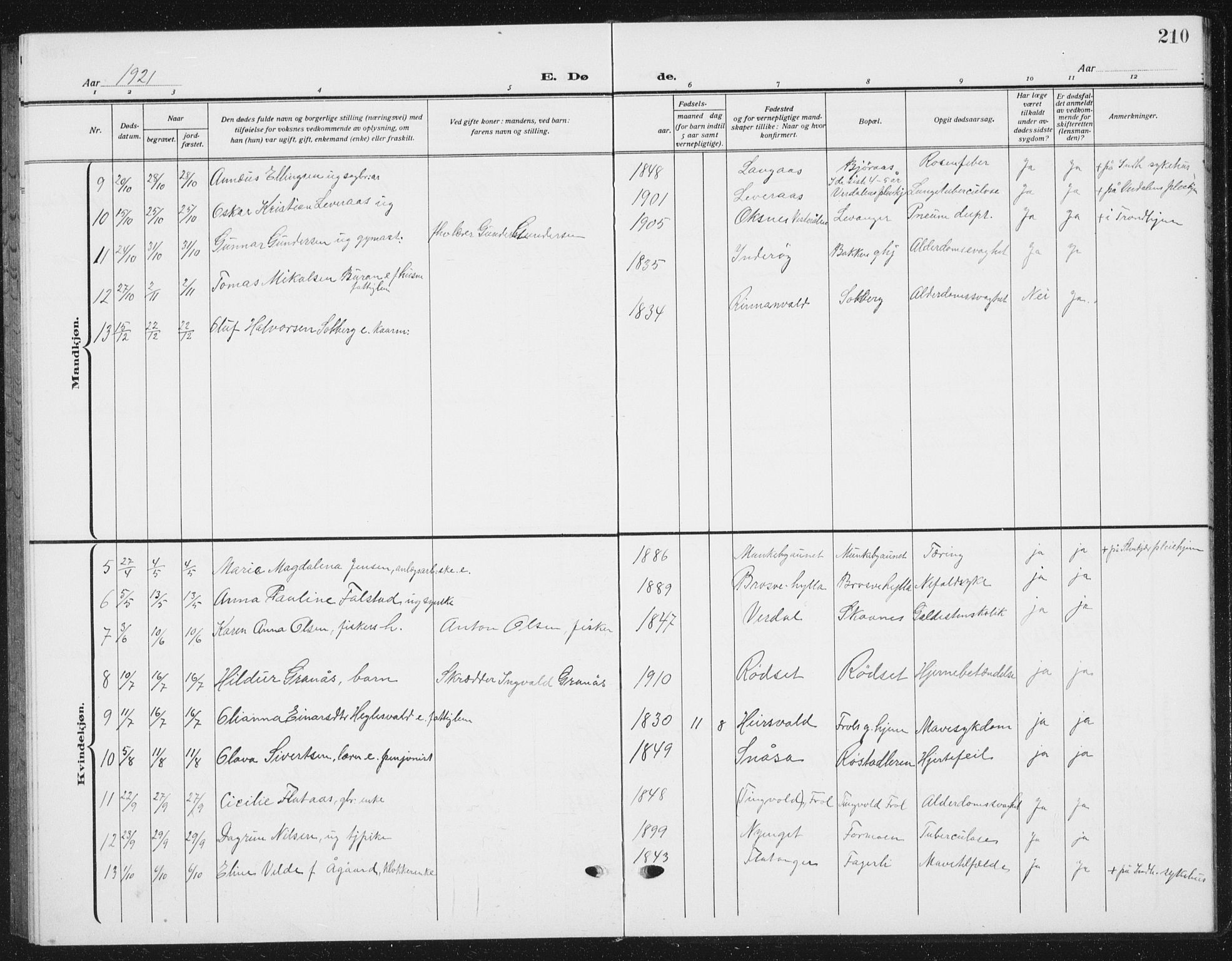 Ministerialprotokoller, klokkerbøker og fødselsregistre - Nord-Trøndelag, AV/SAT-A-1458/721/L0209: Parish register (copy) no. 721C02, 1918-1940, p. 210