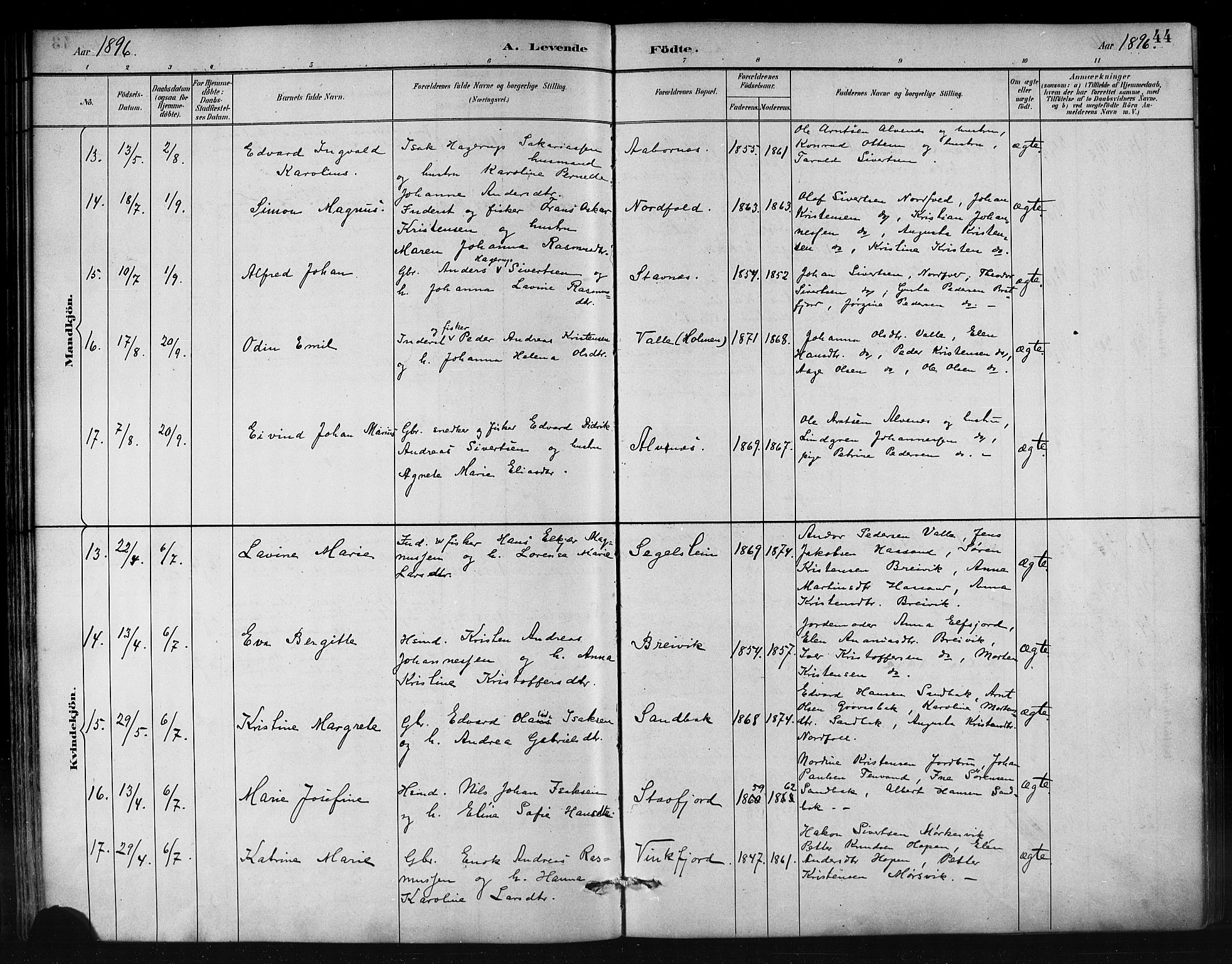 Ministerialprotokoller, klokkerbøker og fødselsregistre - Nordland, AV/SAT-A-1459/858/L0831: Parish register (official) no. 858A01, 1884-1902, p. 44