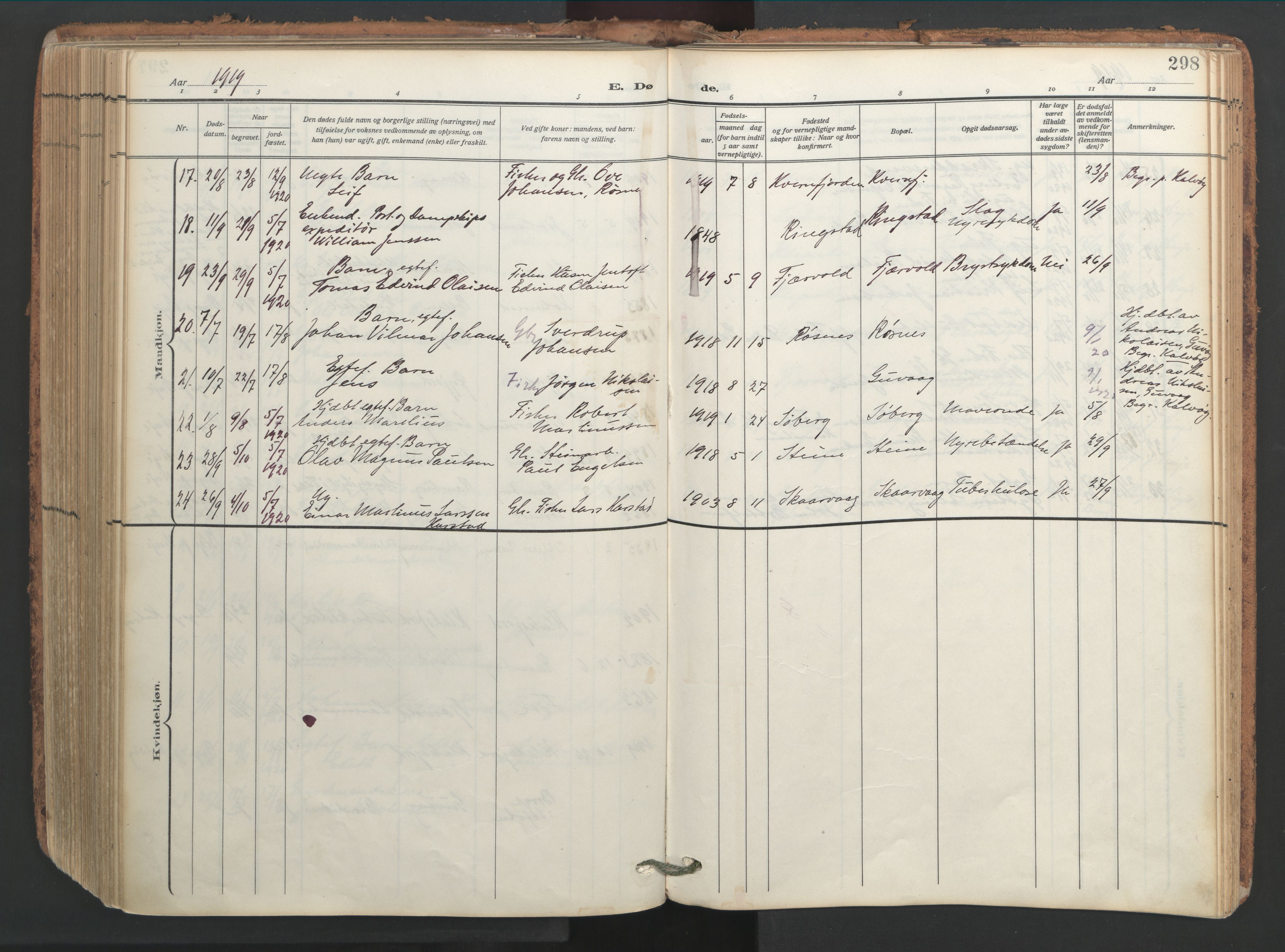 Ministerialprotokoller, klokkerbøker og fødselsregistre - Nordland, SAT/A-1459/891/L1306: Parish register (official) no. 891A11, 1911-1927, p. 298