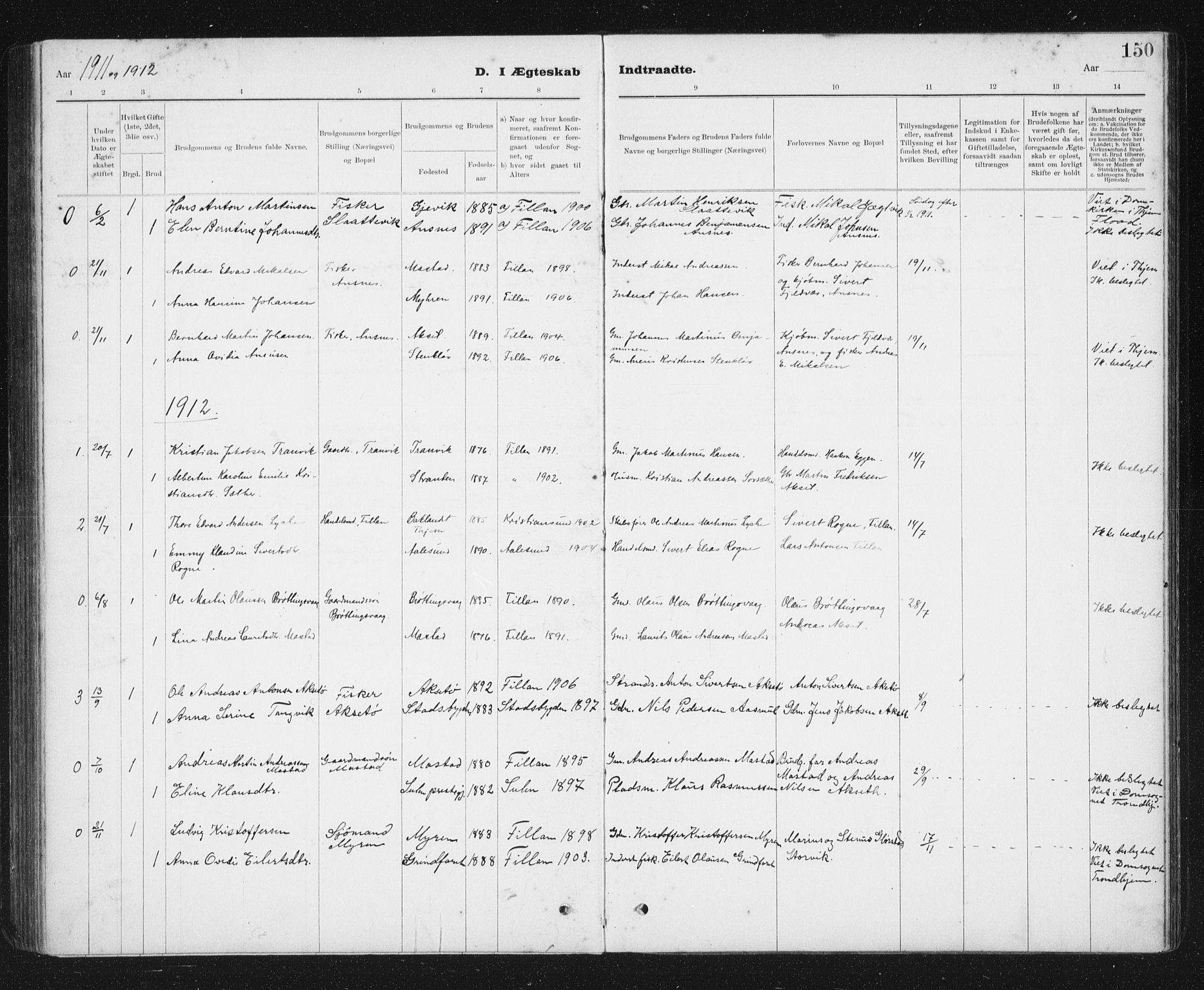 Ministerialprotokoller, klokkerbøker og fødselsregistre - Sør-Trøndelag, AV/SAT-A-1456/637/L0563: Parish register (copy) no. 637C04, 1899-1940, p. 150