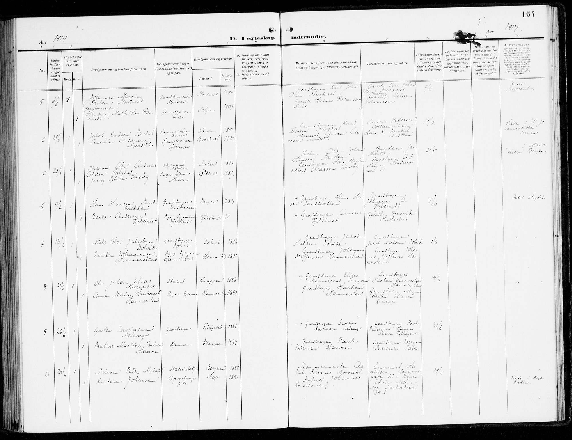 Fana Sokneprestembete, AV/SAB-A-75101/H/Haa/Haai/L0004: Parish register (official) no. I 4, 1912-1933, p. 164