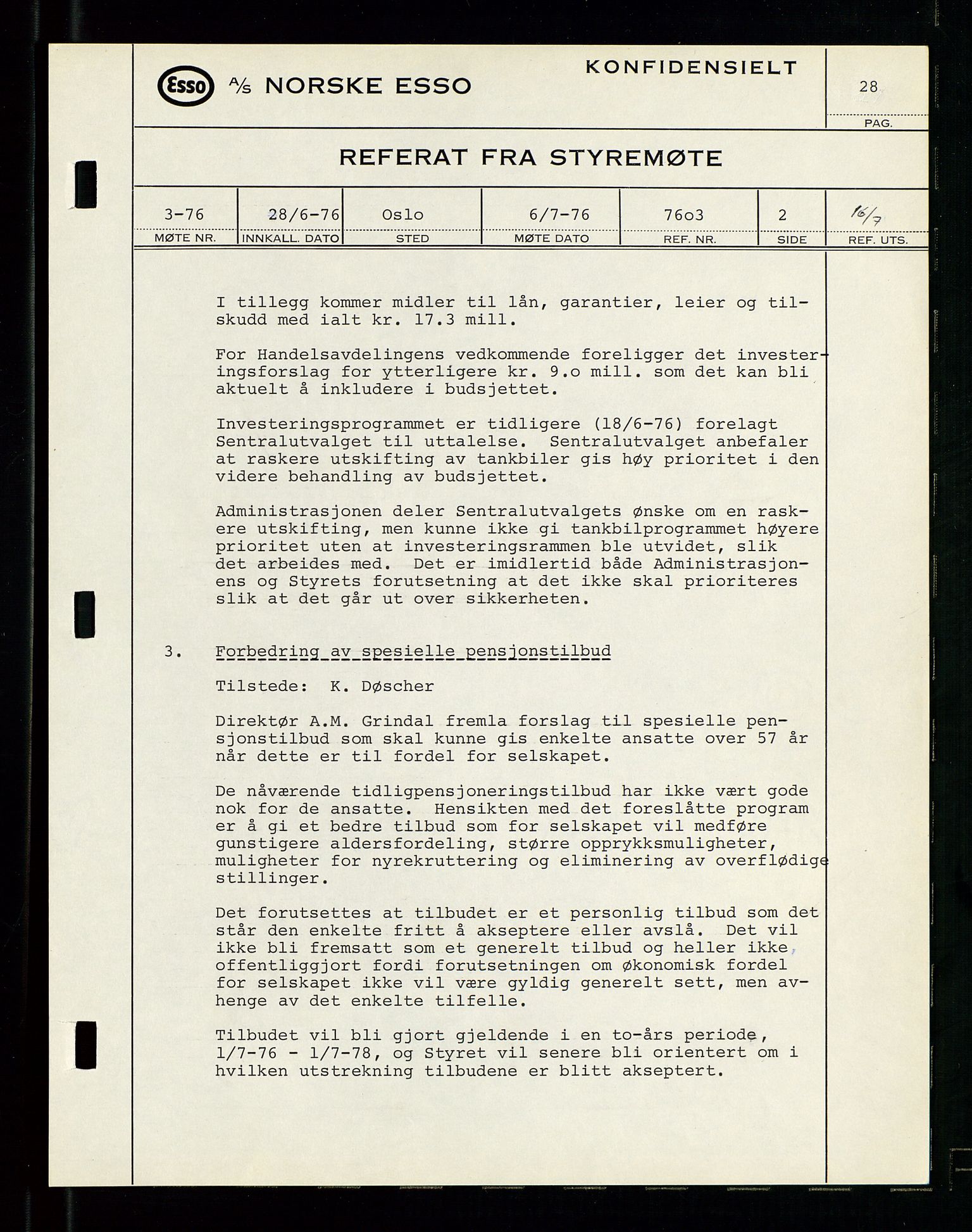 Pa 0982 - Esso Norge A/S, AV/SAST-A-100448/A/Aa/L0003/0003: Den administrerende direksjon Board minutes (styrereferater) og Bedriftforsamlingsprotokoll / Den administrerende direksjon Board minutes (styrereferater), 1975-1985, p. 28