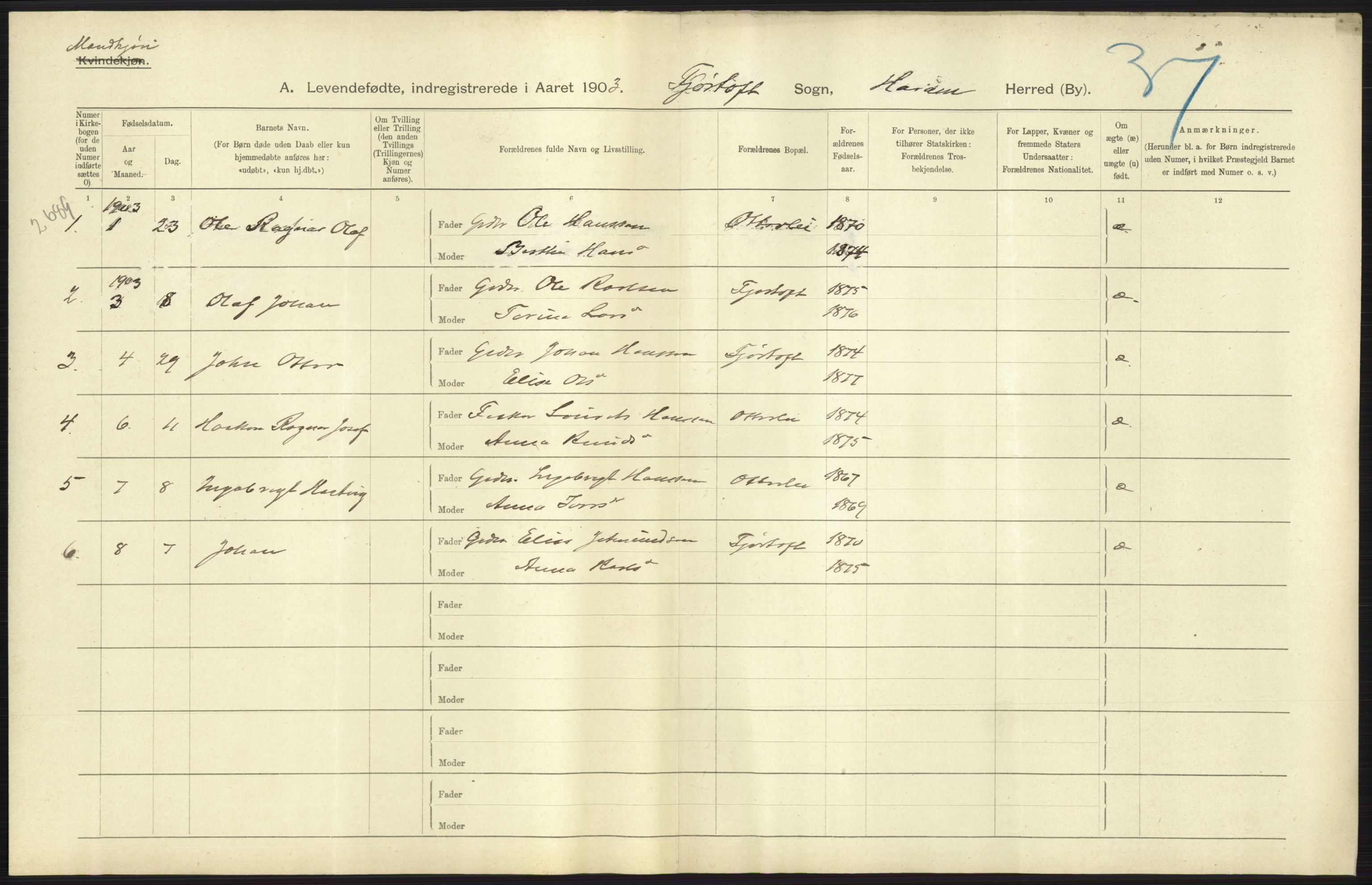 Statistisk sentralbyrå, Sosiodemografiske emner, Befolkning, AV/RA-S-2228/D/Df/Dfa/Dfaa/L0016: Romsdal amt: Fødte, gifte, døde., 1903, p. 17