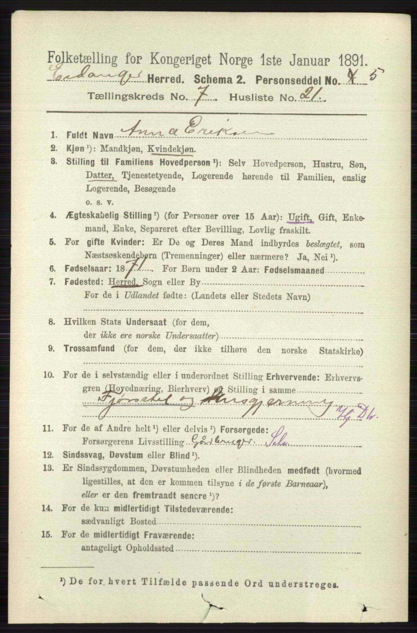 RA, 1891 census for 0813 Eidanger, 1891, p. 2881