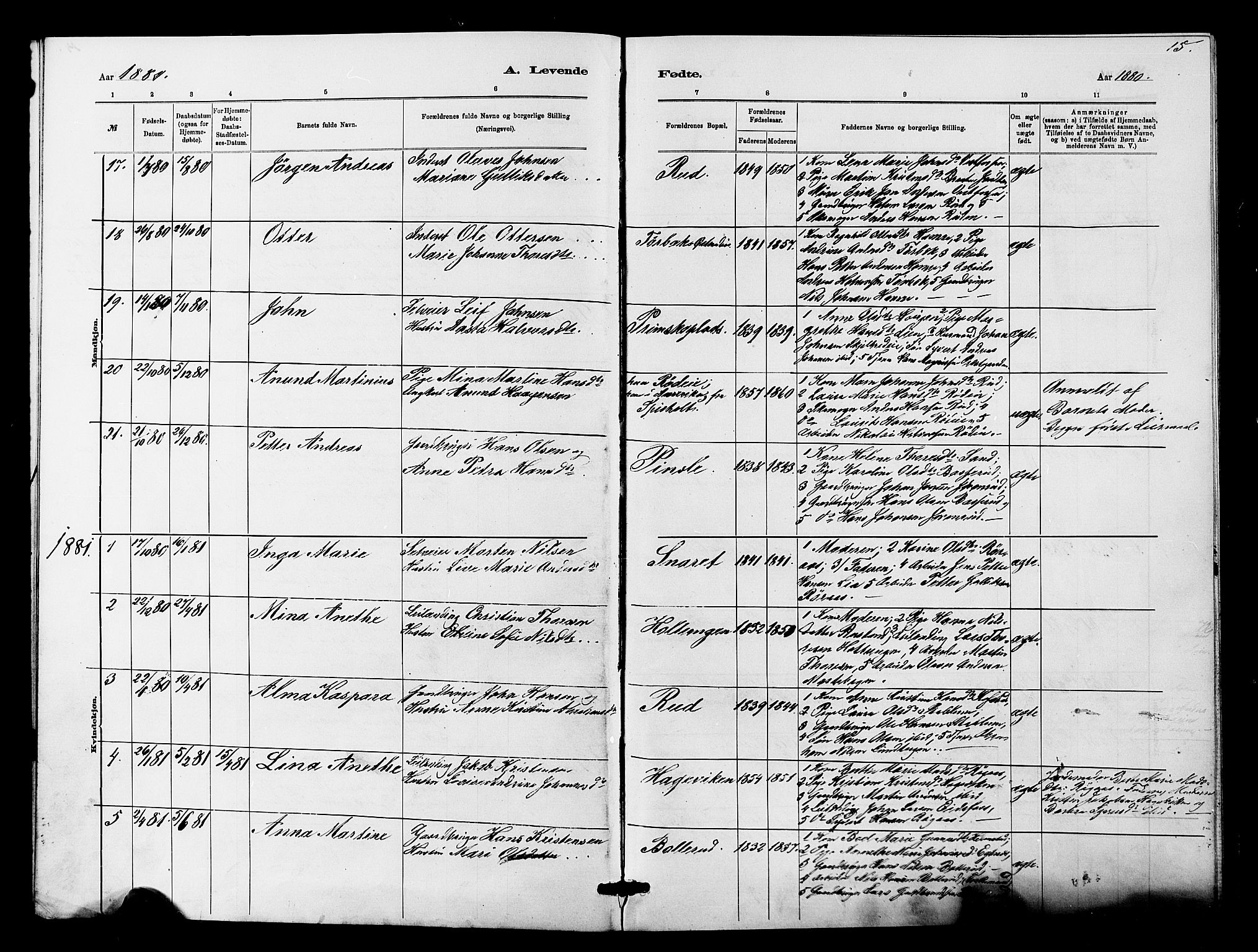 Fiskum kirkebøker, AV/SAKO-A-15/G/Ga/L0004: Parish register (copy) no. 4, 1878-1887, p. 15