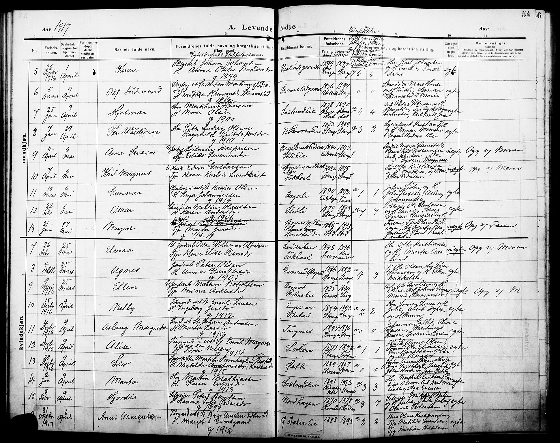 Stange prestekontor, AV/SAH-PREST-002/L/L0014: Parish register (copy) no. 14, 1909-1917, p. 54