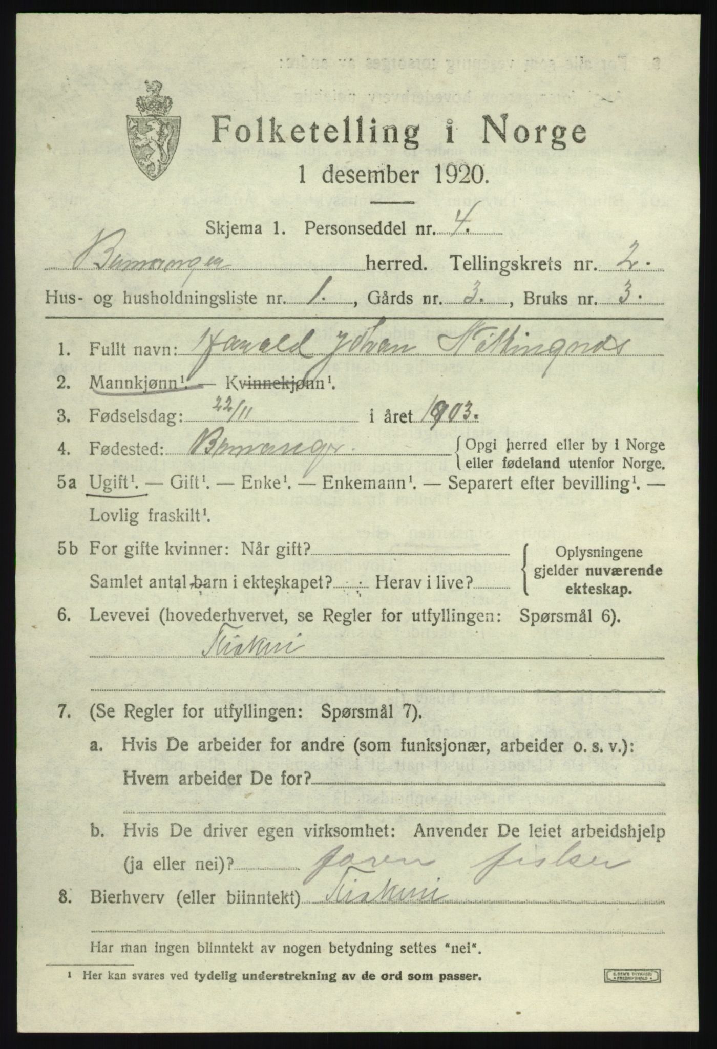 SAB, 1920 census for Bremanger, 1920, p. 1744