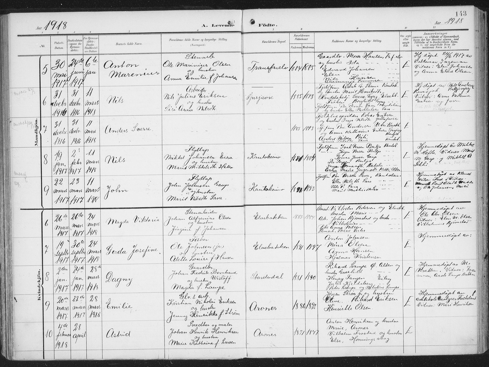Alta sokneprestkontor, SATØ/S-1338/H/Ha/L0005.kirke: Parish register (official) no. 5, 1904-1918, p. 143