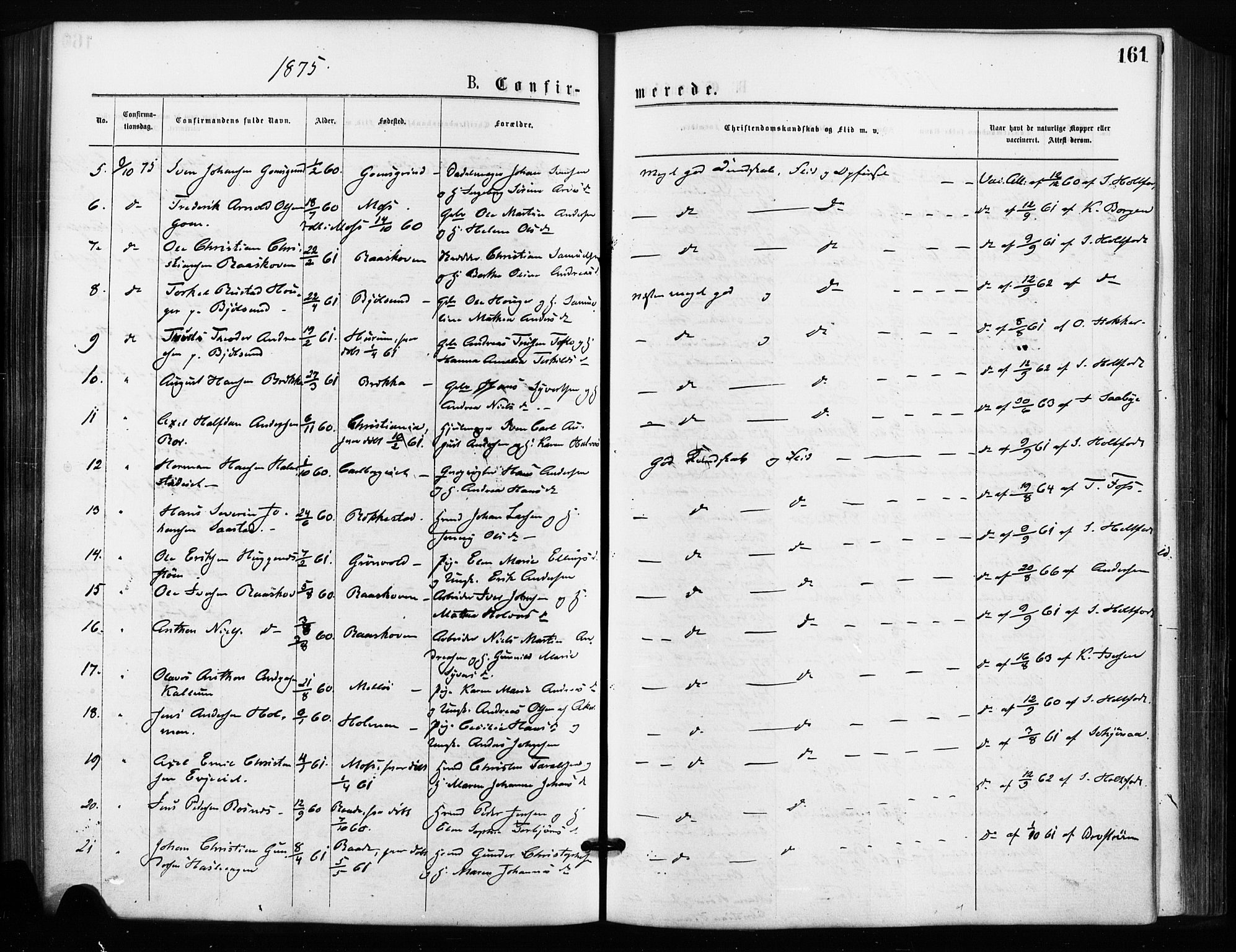 Rygge prestekontor Kirkebøker, SAO/A-10084b/F/Fa/L0006: Parish register (official) no. 6, 1872-1877, p. 161