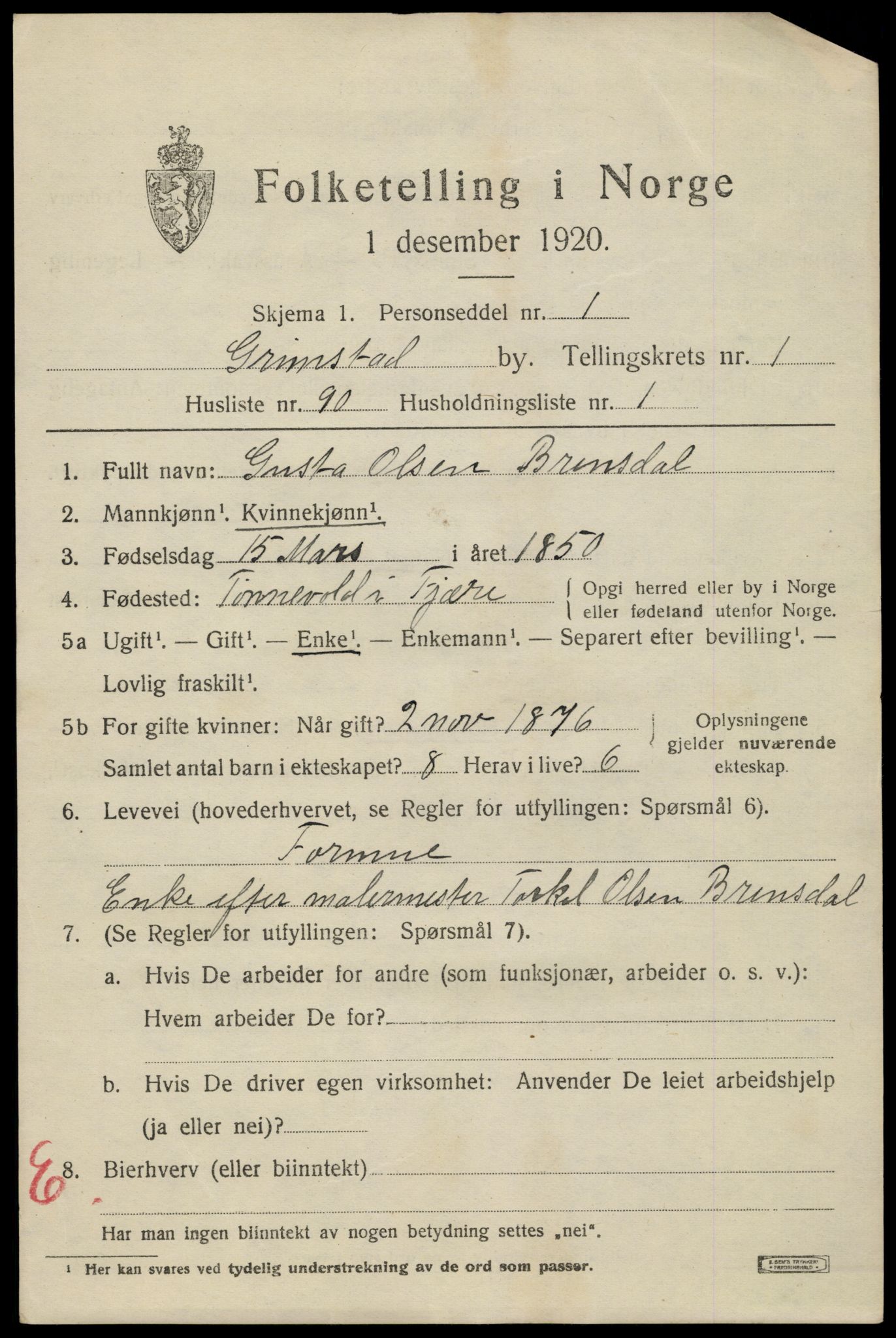 SAK, 1920 census for Grimstad, 1920, p. 3307