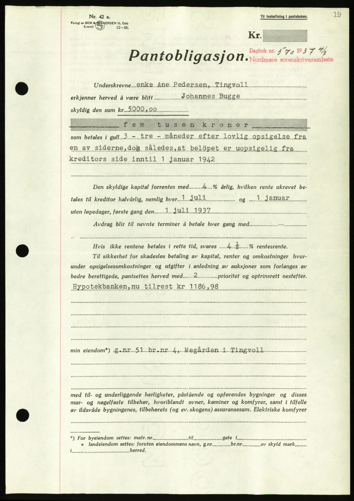 Nordmøre sorenskriveri, AV/SAT-A-4132/1/2/2Ca/L0091: Mortgage book no. B81, 1937-1937, Diary no: : 570/1937