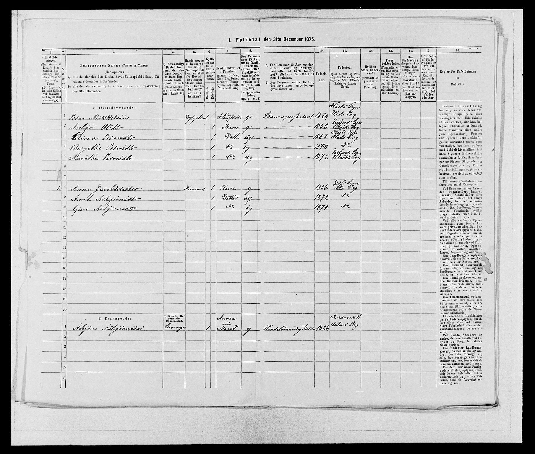 SAB, 1875 census for 1233P Ulvik, 1875, p. 1138