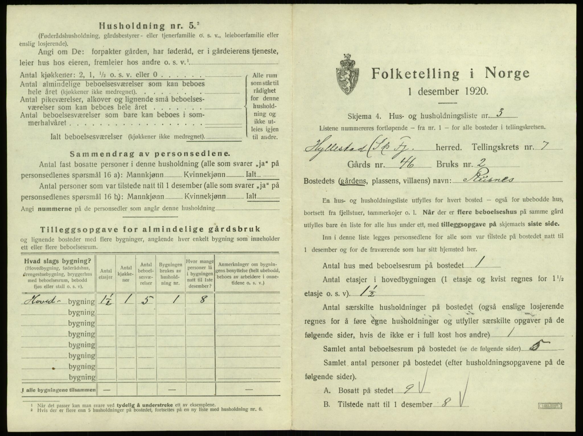 SAB, 1920 census for Hyllestad, 1920, p. 389