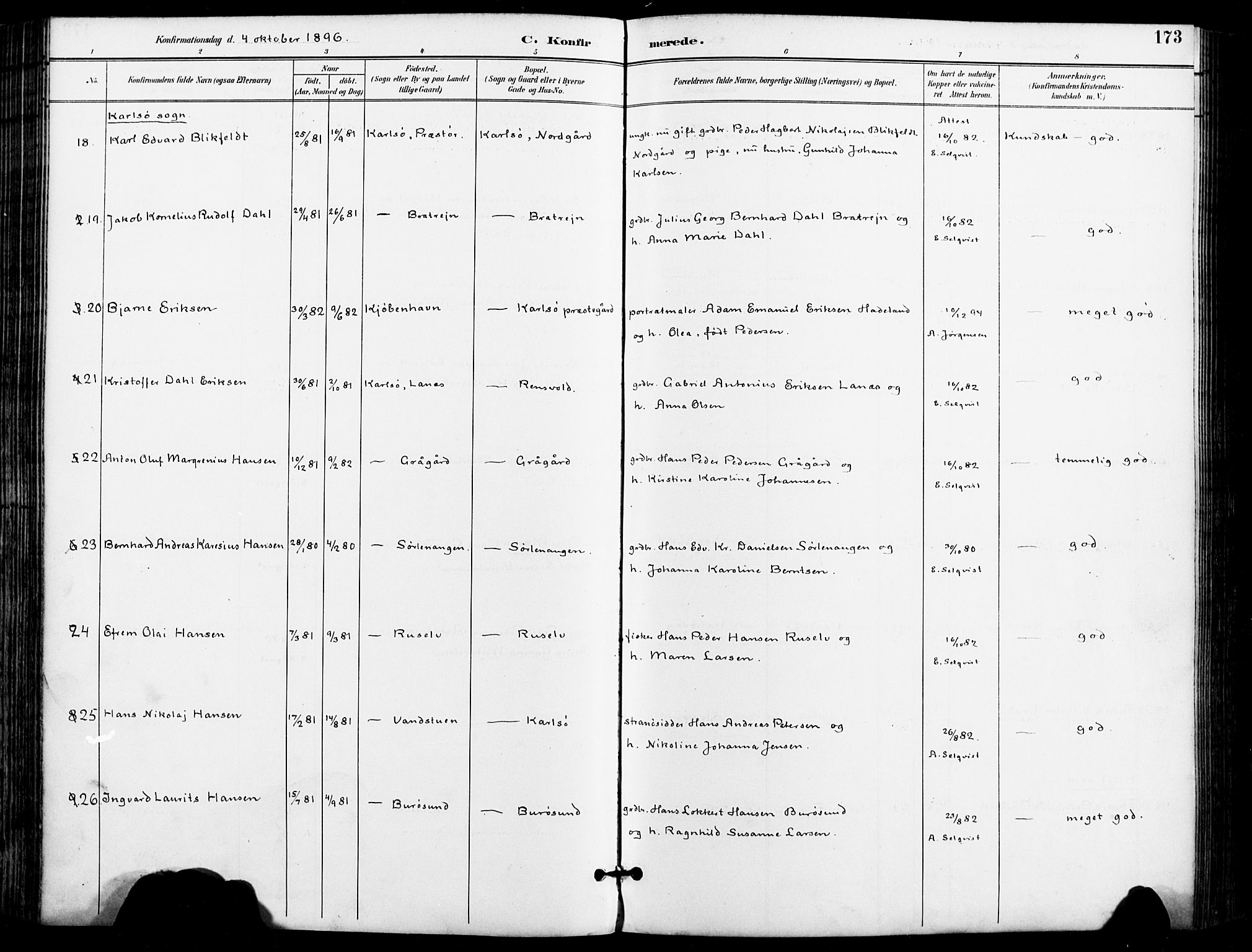 Karlsøy sokneprestembete, AV/SATØ-S-1299/H/Ha/Haa/L0007kirke: Parish register (official) no. 7, 1891-1902, p. 173