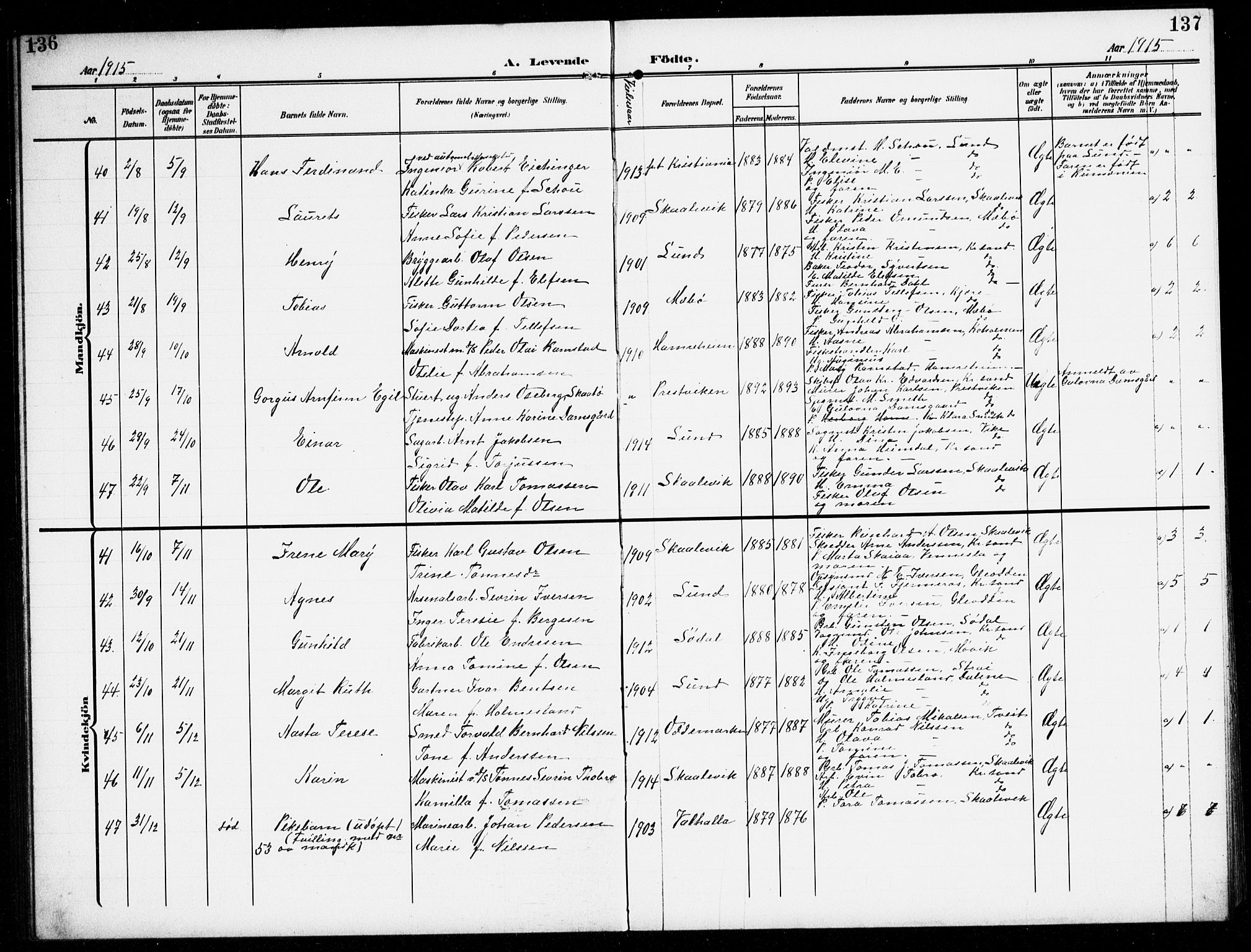 Oddernes sokneprestkontor, SAK/1111-0033/F/Fb/Fba/L0010: Parish register (copy) no. B 10, 1907-1941, p. 136-137