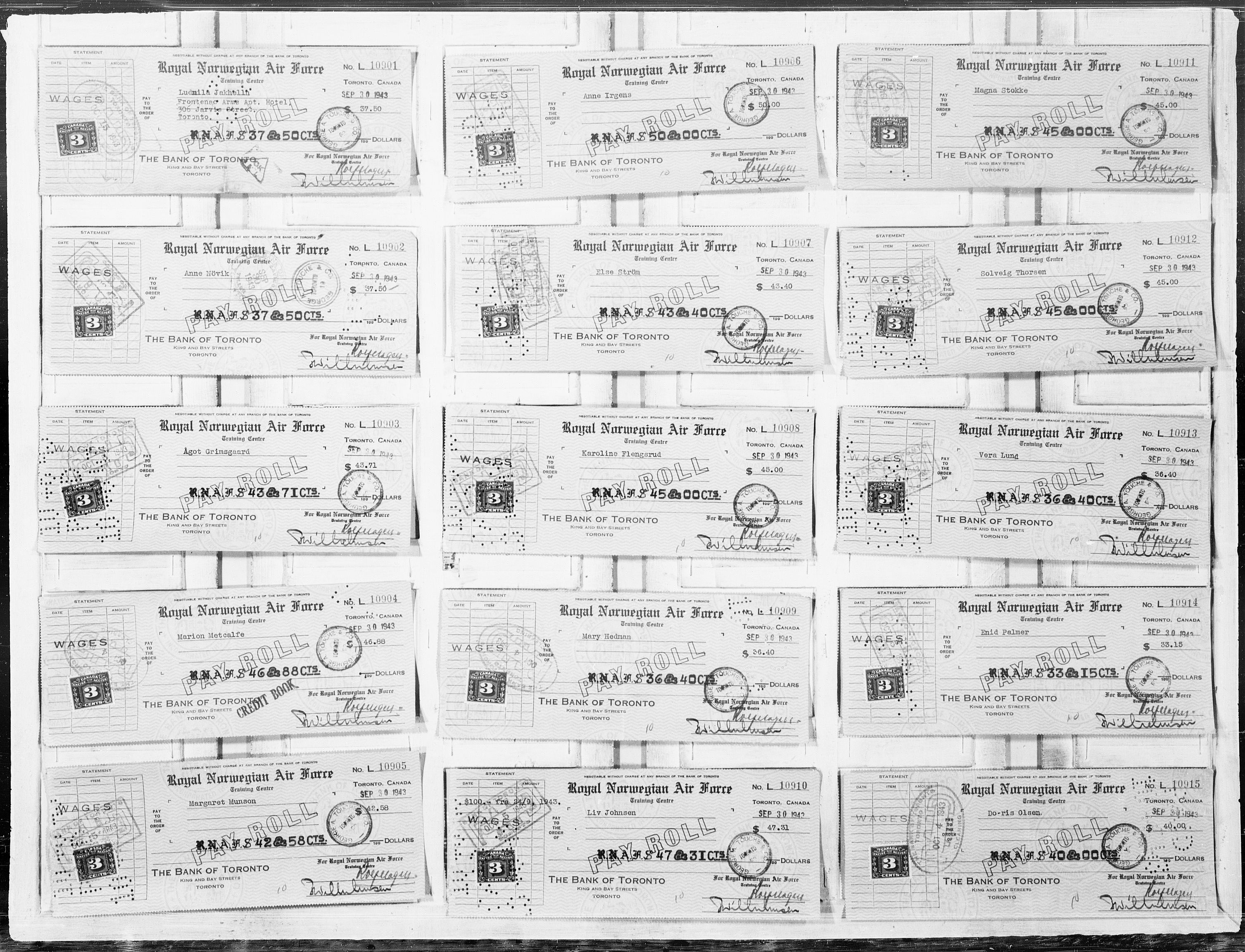 Forsvaret, Flyvåpnenes treningsleir 1940-1945, AV/RA-RAFA-3974/V/L0065: Sjekker.  F.T.L. lønningssjekker L-10 901 til L-16 300., 1940-1945